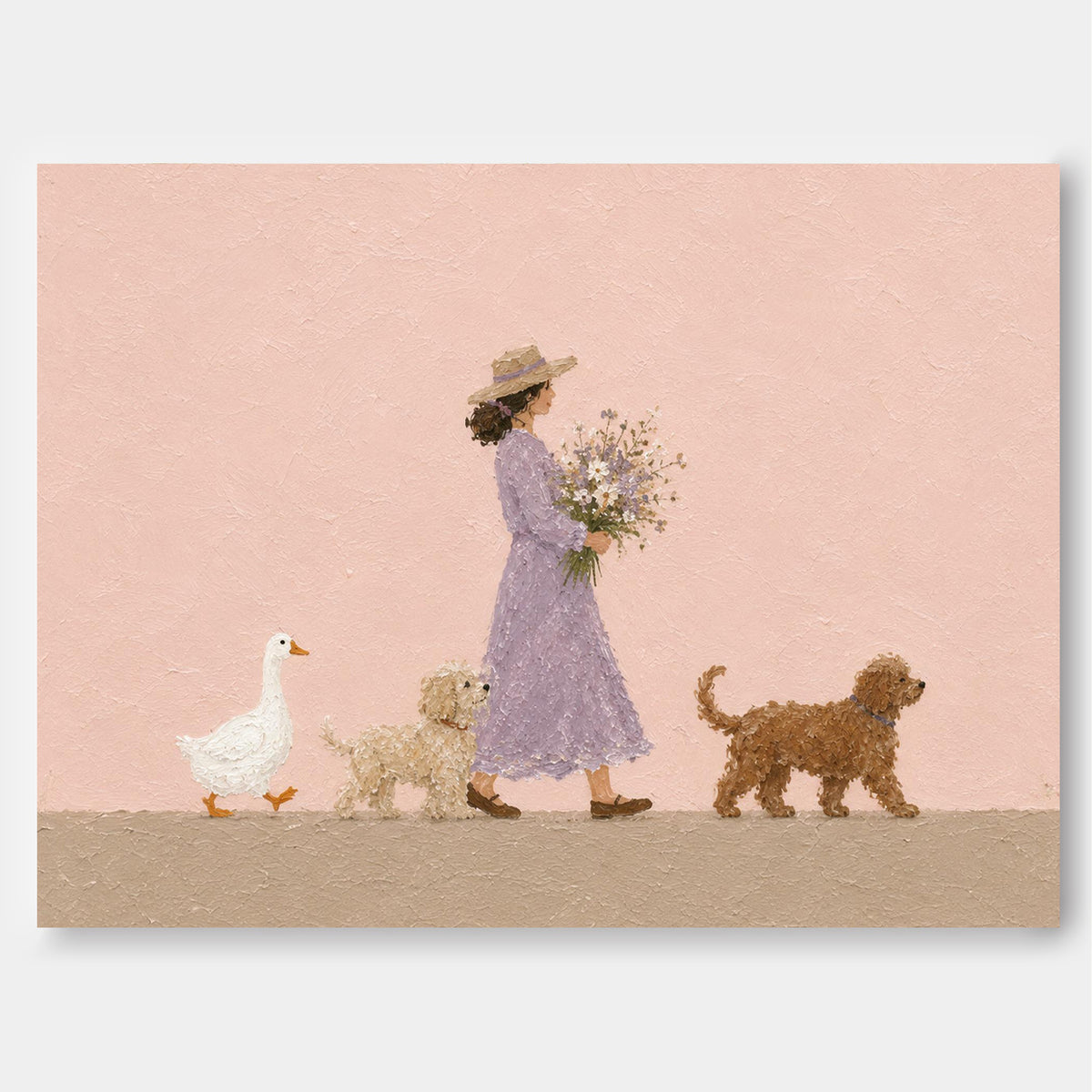 Modern Abstract Pastoral Art With Textured Pink Background And Whimsical Characters