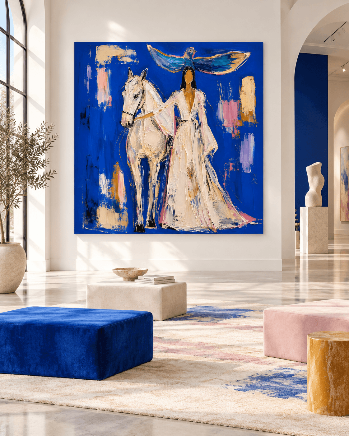 Woman With White Horse And Dove Abstract Canvas Painting In Klein Blue