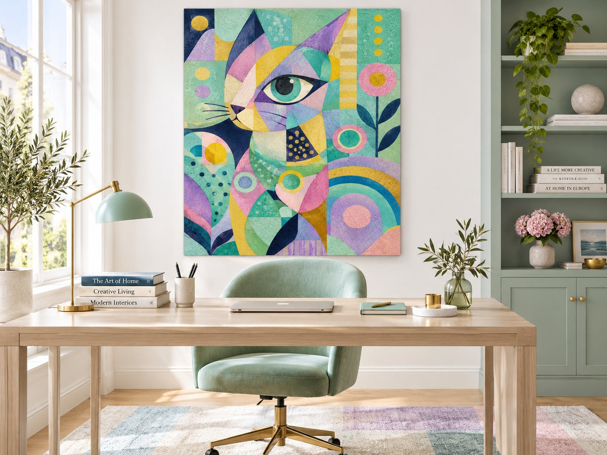 Modern Pop Art Cat Portrait With Textured Geometric Design