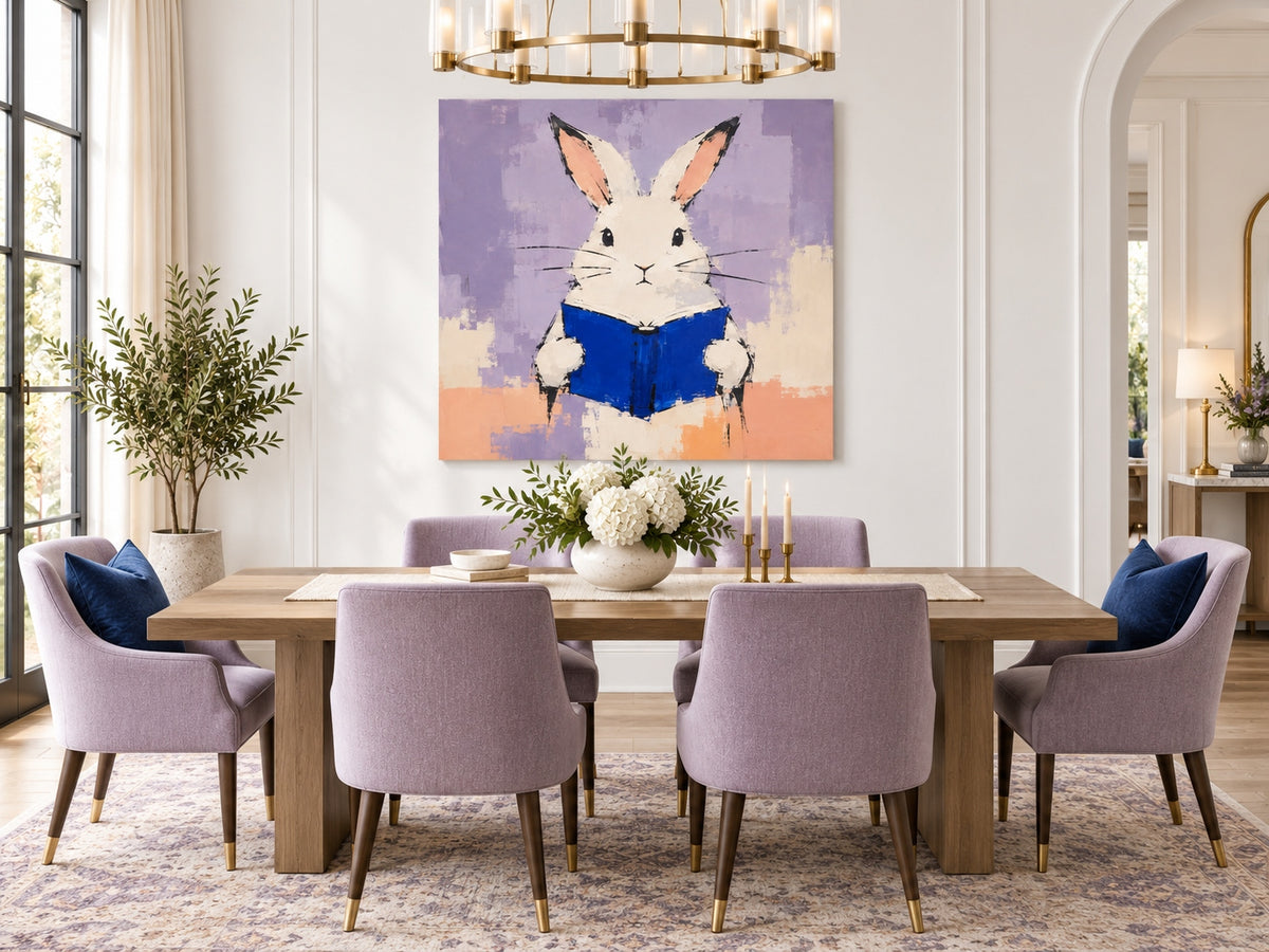 Textured Minimalist Canvas Painting Of Bunny With Book In Modern Style