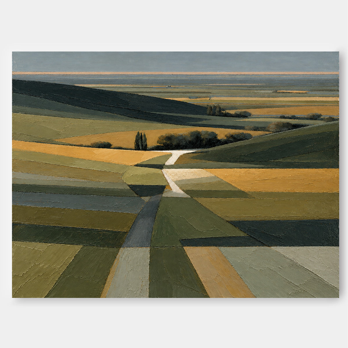 Minimalist Impressionist Oil Painting With Geometric Fields And Moody Sky