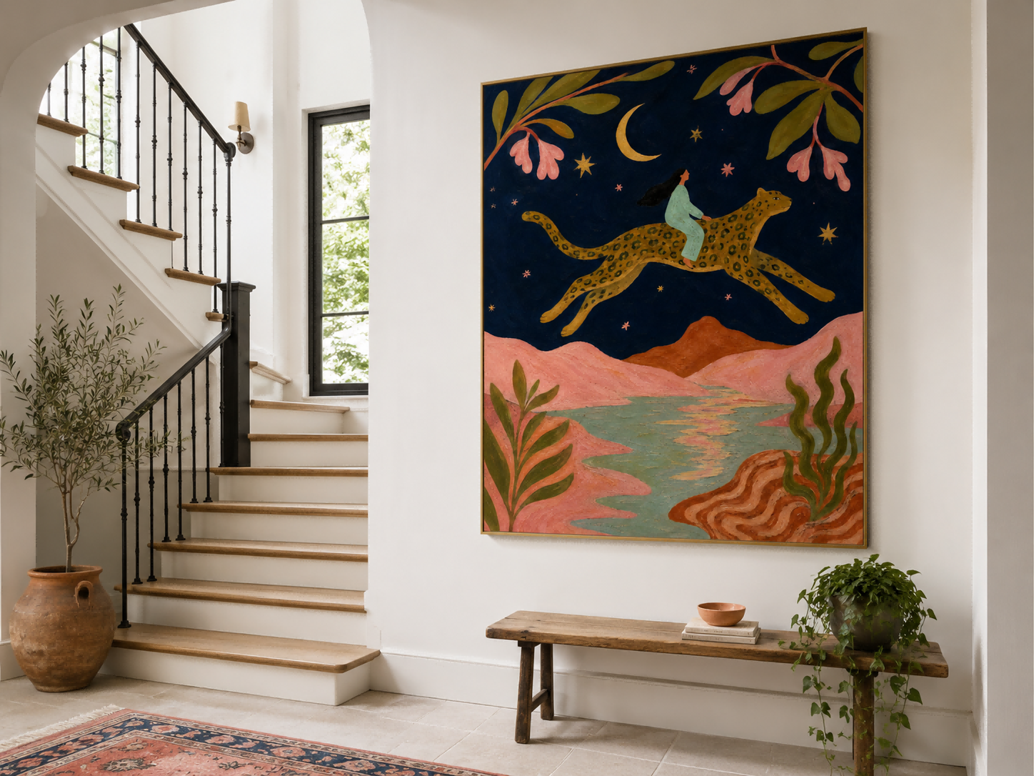 Art Deco Fantasy Painting With Leopard And Floral Motifs Original Canvas Artwork