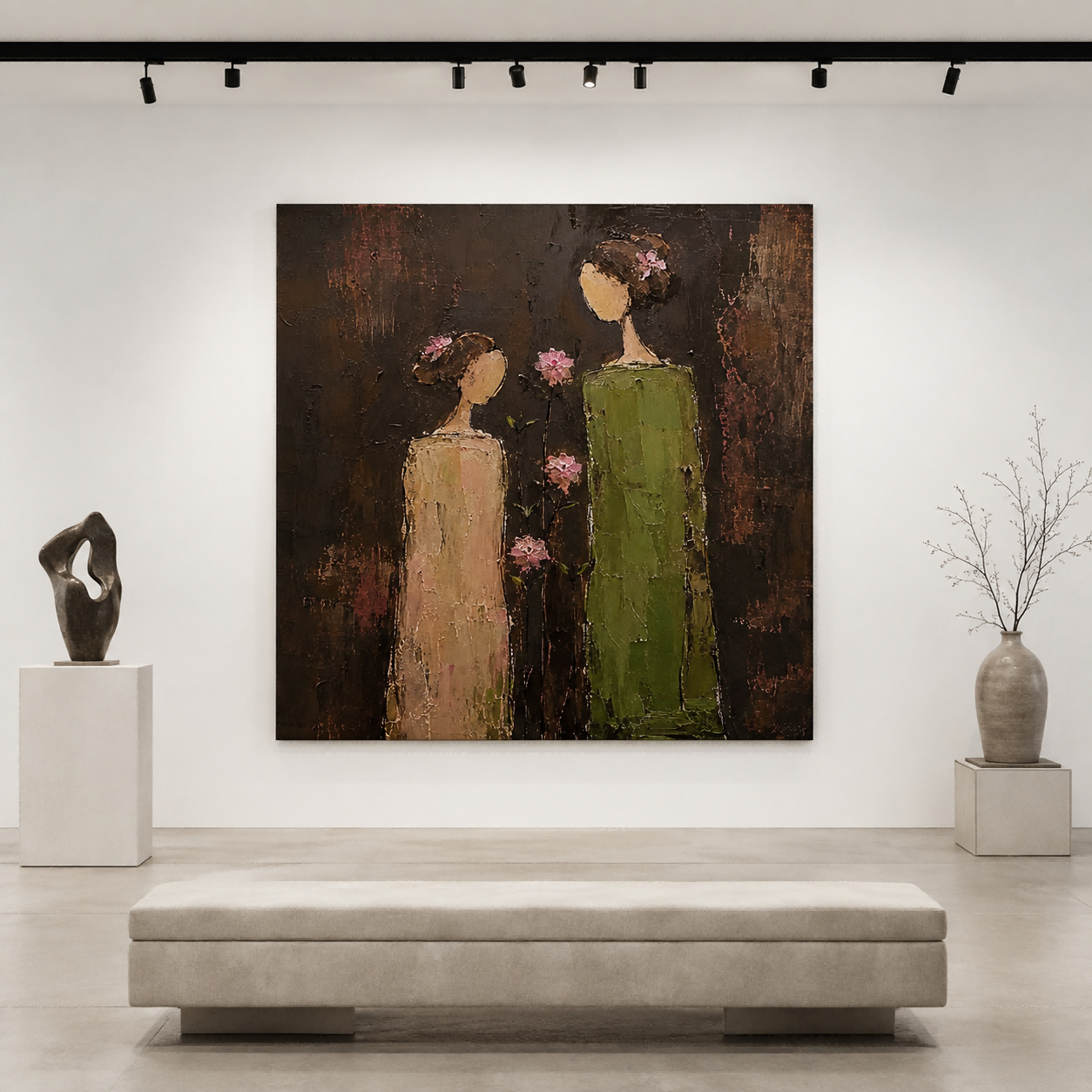Minimalist Vintage Women Painting With Pink Flowers In Square Canvas Art For Living Room Decor