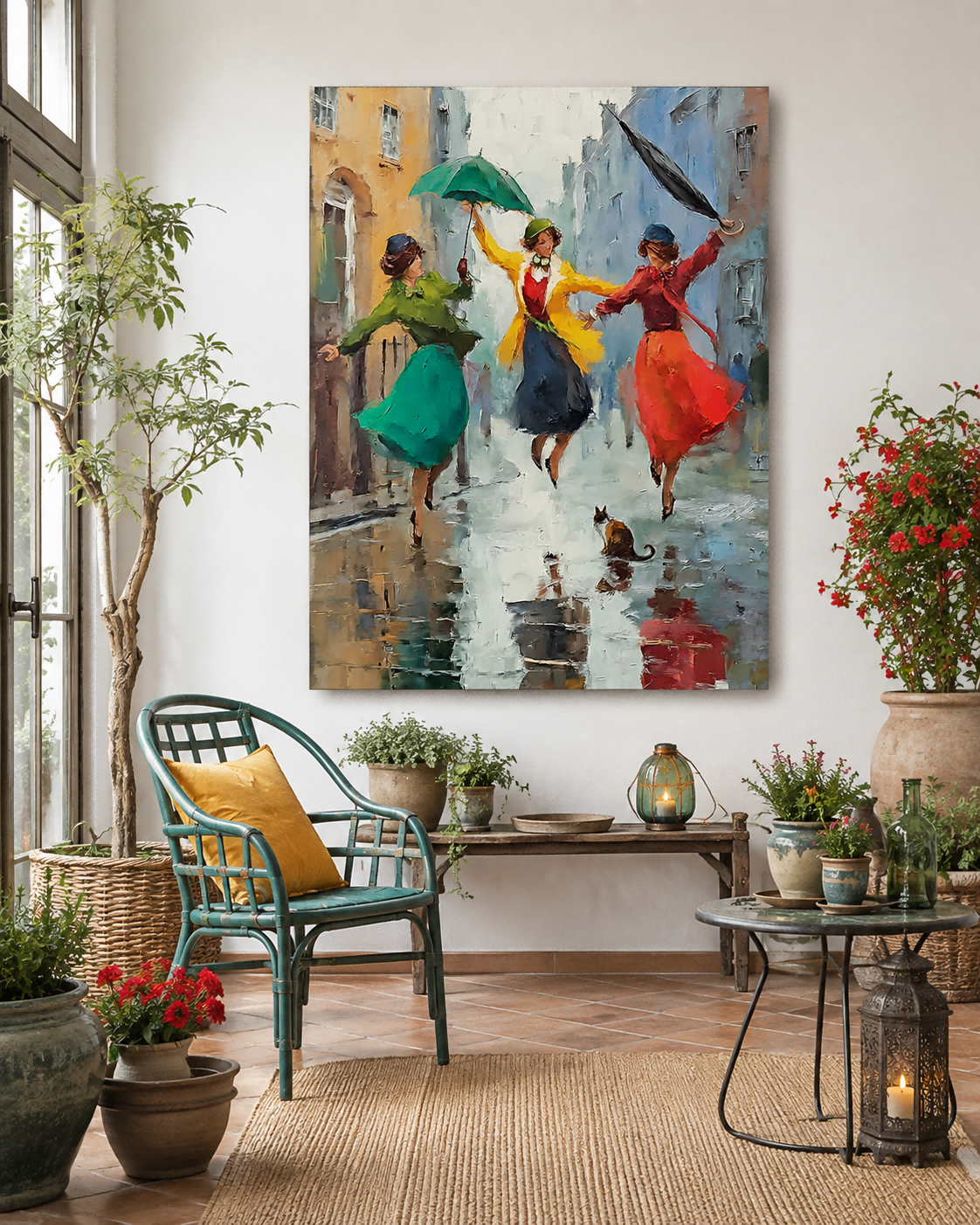 Retro Urban Street Scene Oil Painting With Colorful Umbrellas And Reflections For Chic Apartment Interior Design