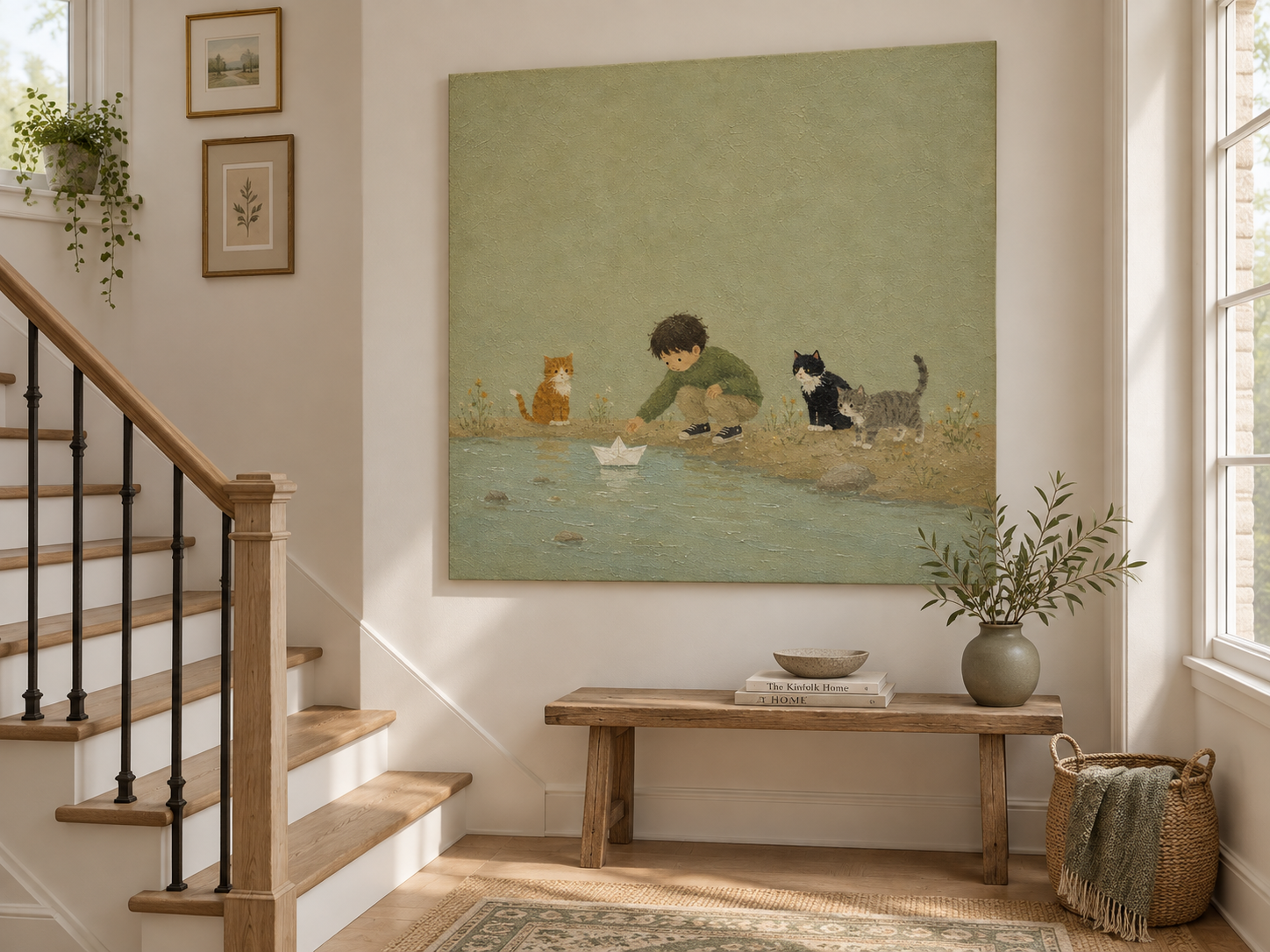 Whimsical Nursery Wall Art With Boy And Cats For Kids Room Modern Abstract Storytelling Canvas Painting With Textured Green