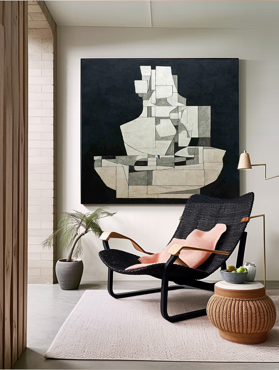 Abstract Geometric Black White Canvas Painting Minimalist Wall Art Modern Decor For Interior Design