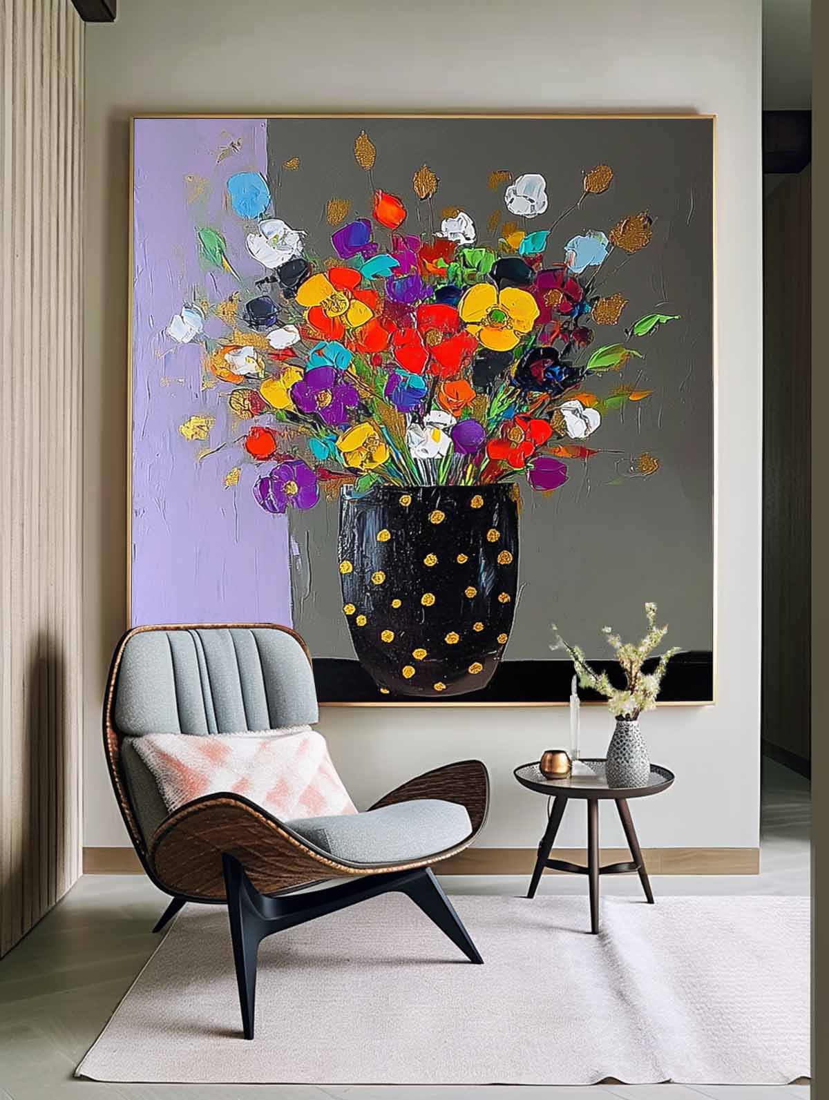 Large Color Handmade Wall Art Original Flower Square Vase Artwork Floral Texture Painting on Canvas