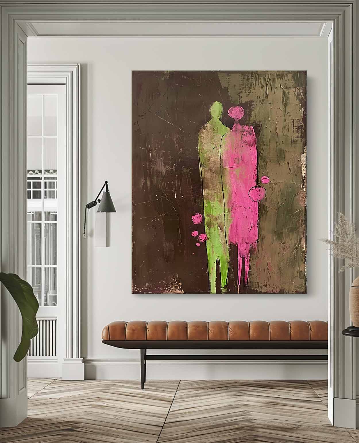 Dark Brown Large Figure Painting Original Green And Pink Silhouettes Wall Art Abstract Artwork Framed