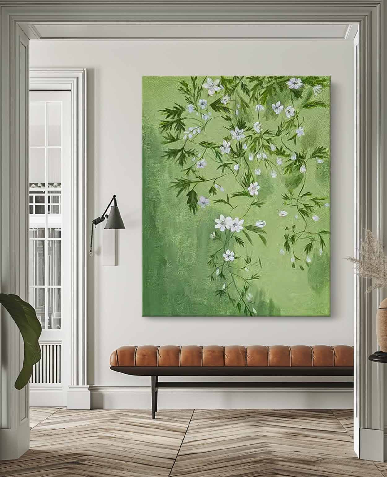 Green Leaves And White Flower Oil Painting On Canvas Big Original Beautiful Flowers Artwork Framed