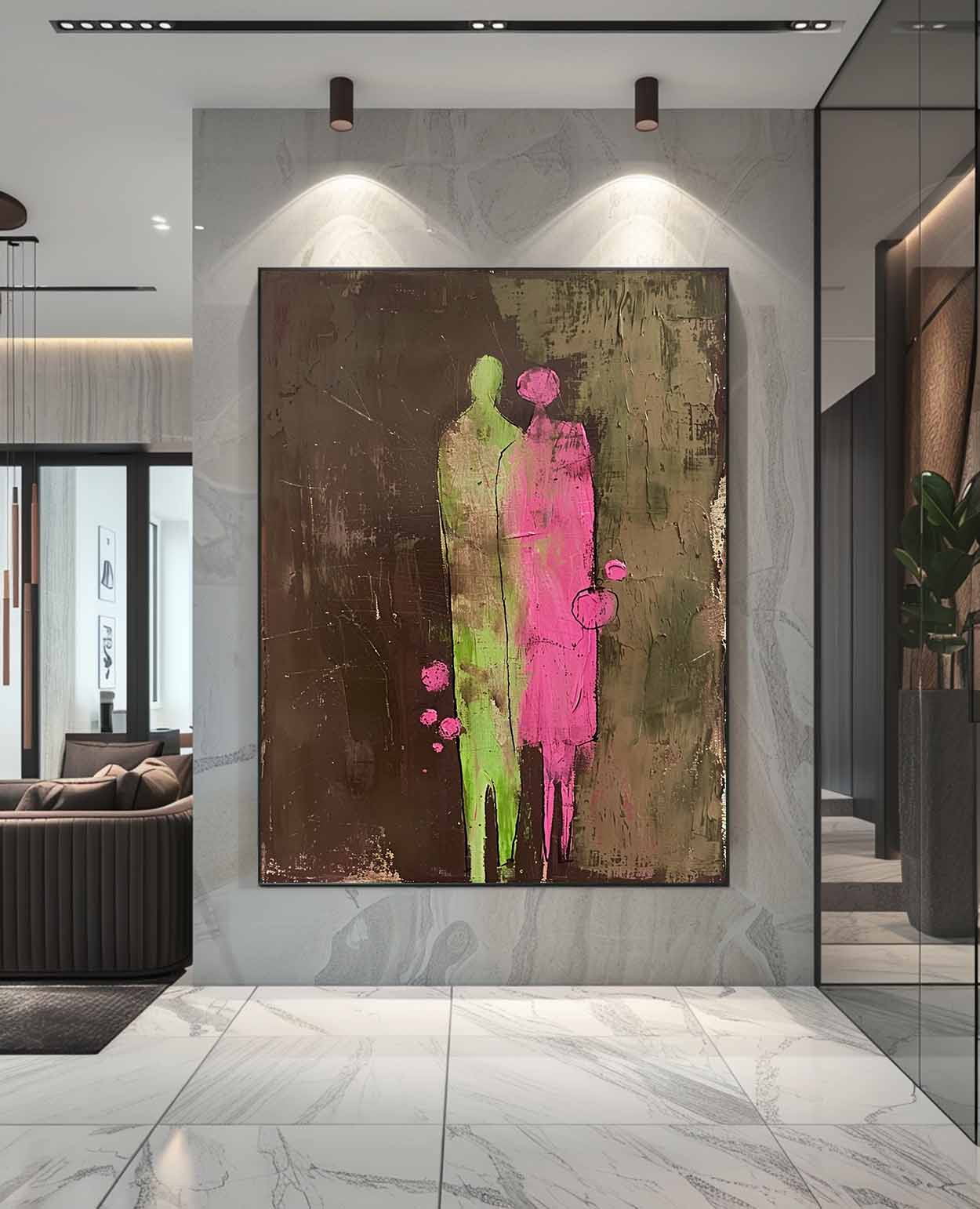 Dark Brown Large Figure Painting Original Green And Pink Silhouettes Wall Art Abstract Artwork Framed