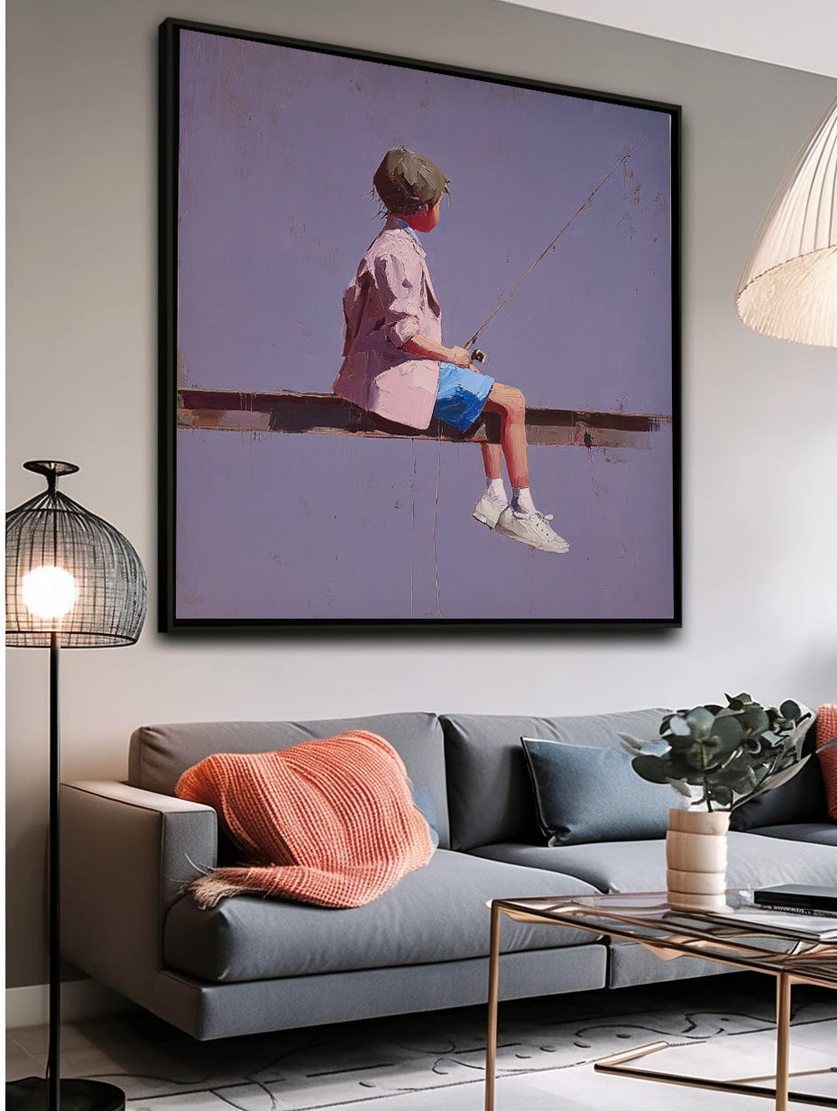 Abstract Warm atmosphere Art Original Purple Wall Art Minimalist Boy Fishing Painting For Living Room