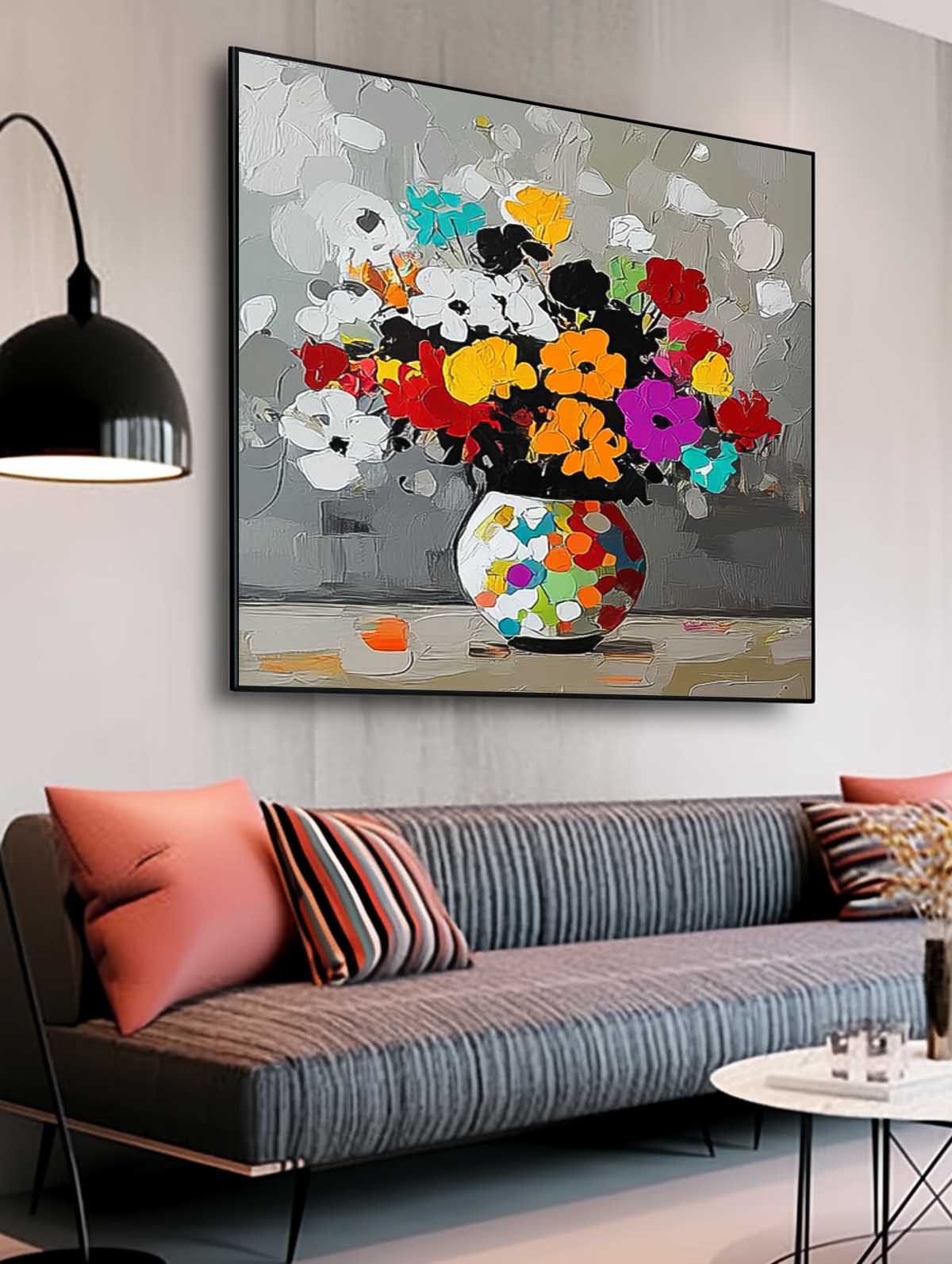 Original Flower Square Vase Artwork Floral Texture Painting on Canvas Large Color Handmade Wall Art