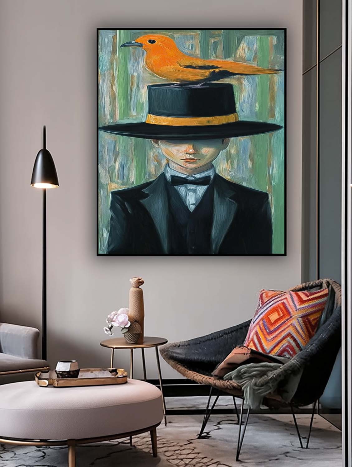 Man In A Suit With A Large Black Hat And An Orange Bird On It Wall Art  Abstract Boy Oil Painting Canvas