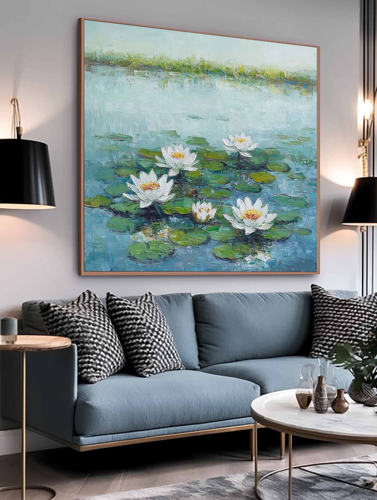 Large Textured Abstract Flower Paintings Square Contemporary White Lotus Floral Painting Original Artwork