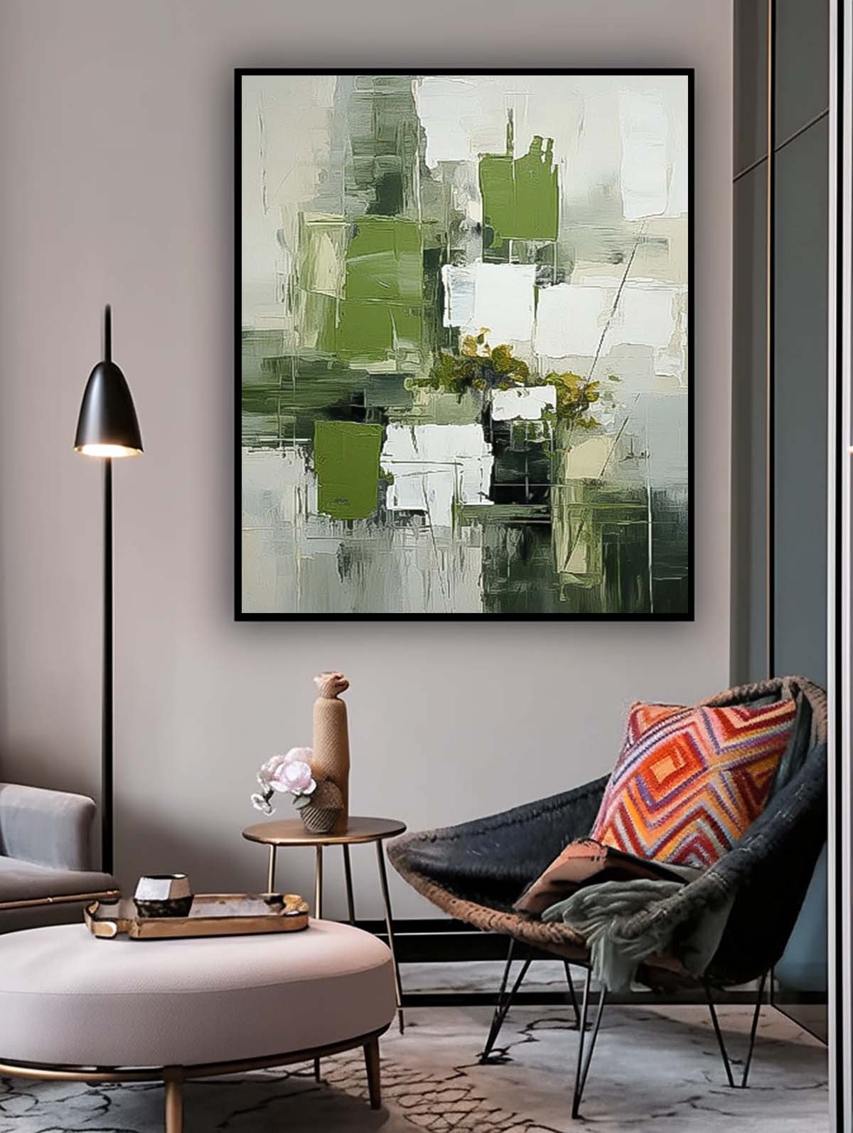 Large Modern Acrylic Painting On Canvas Green Texture Abstract Oil Painting Original Geometry Artwork