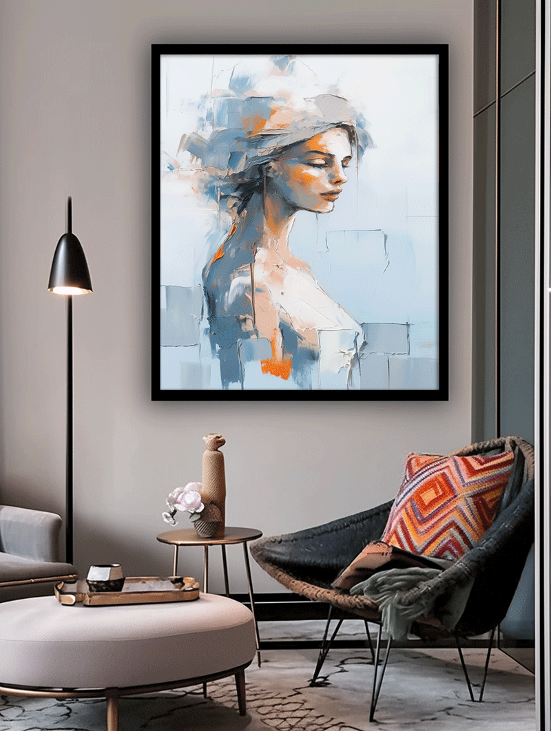 Original Blue Wall Art Abstract Lady Painting Woman Face Artwork Large Portrait Painting For Living Room