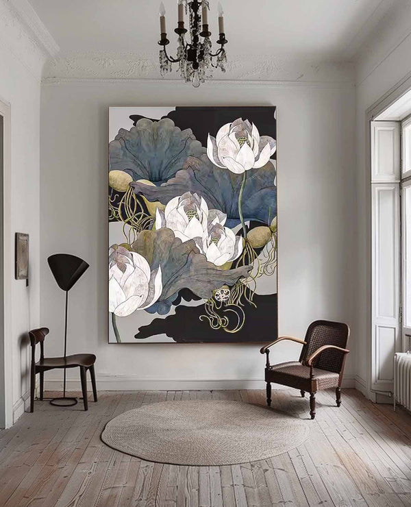 Original Dark Style Artwork Oil Painting On Canvas Realism Lotus Flowers Acrylic Painting For Living Room