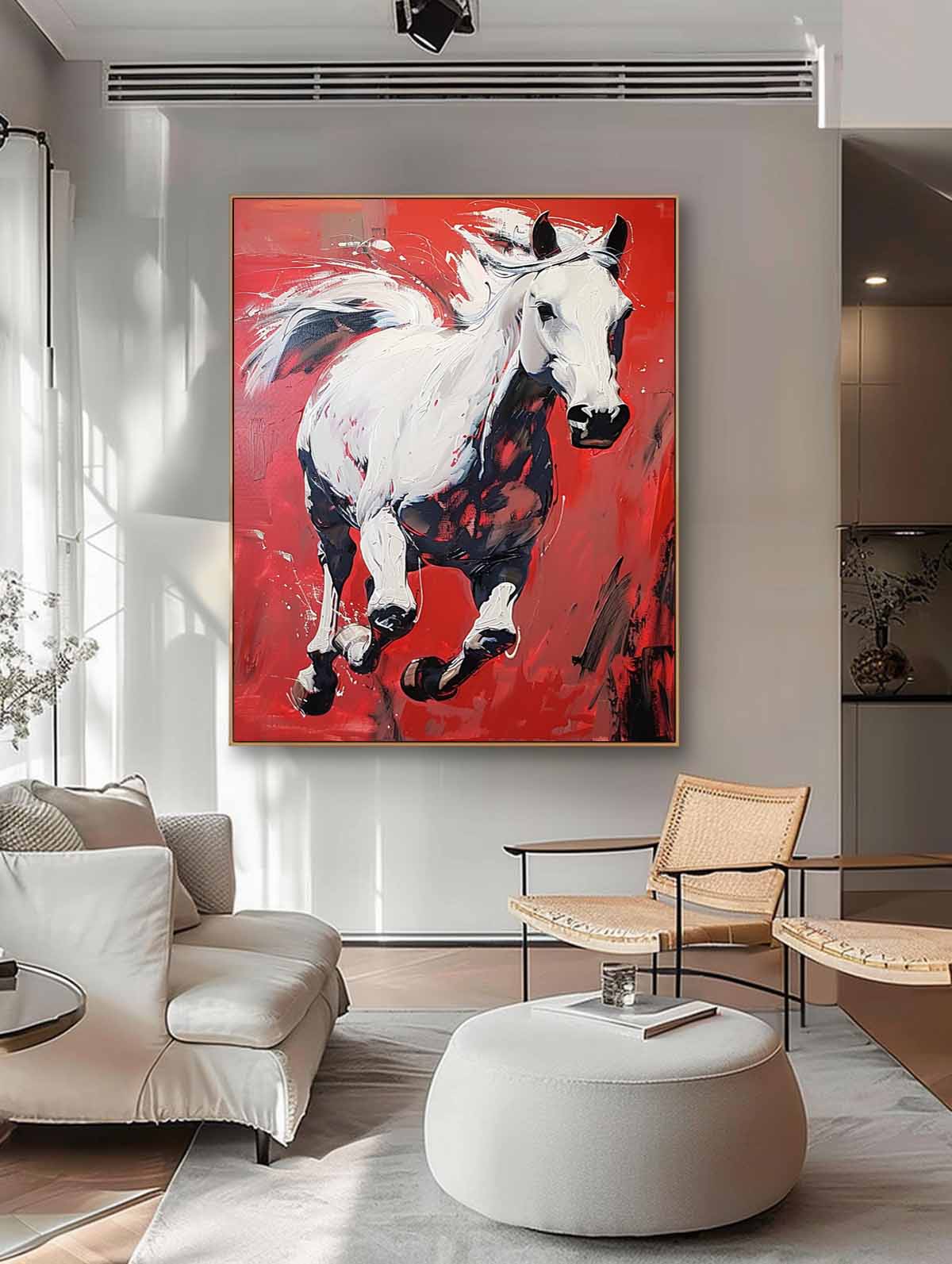 White Horse Oil Painting Modern Red background Texture Animal Oil Painting Impressionist Horse Wall Art Decor