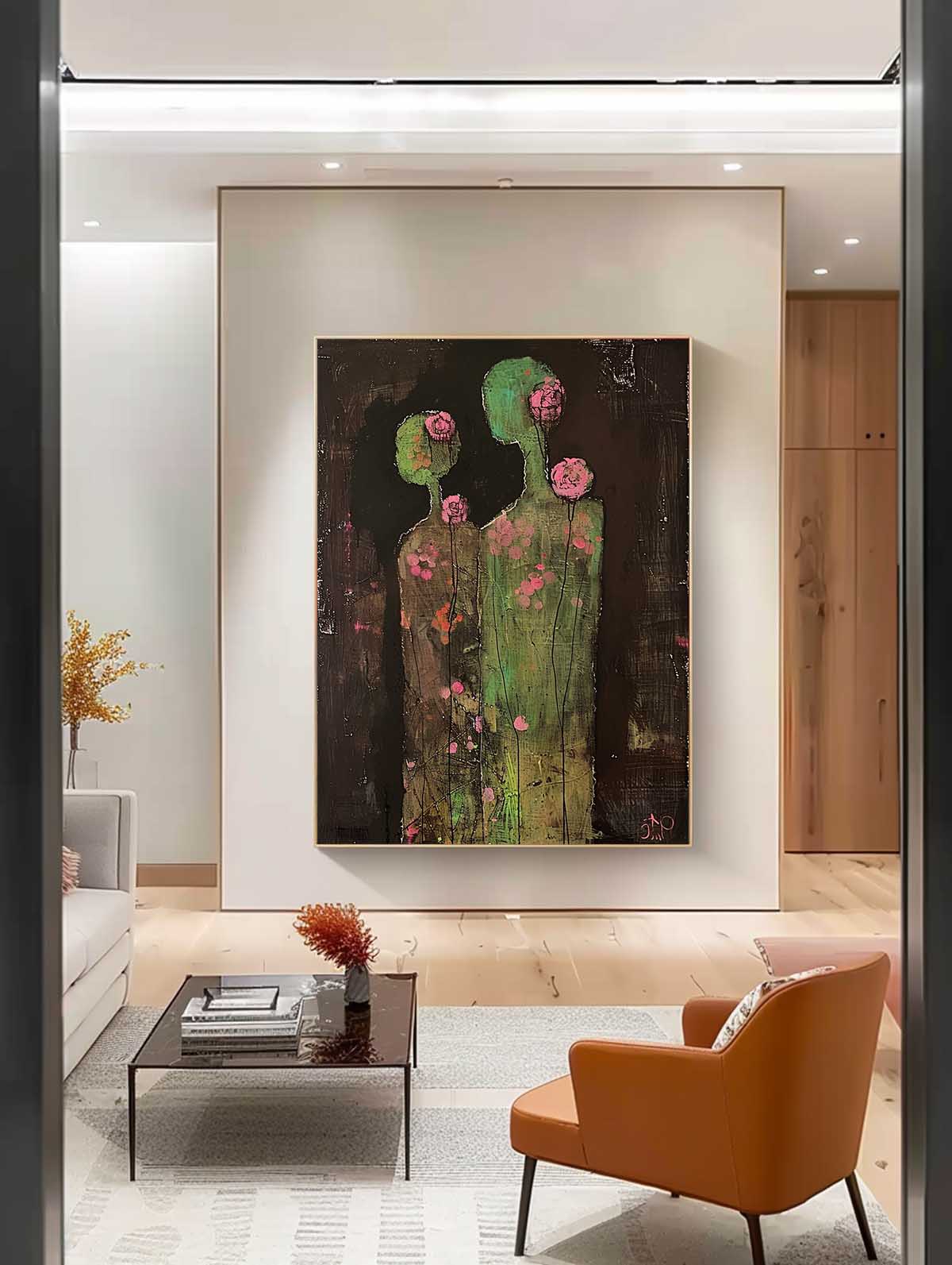 Original Colorful Silhouettes Wall Art Dark Brown Large Flower Figure Painting Abstract Artwork Home Decor