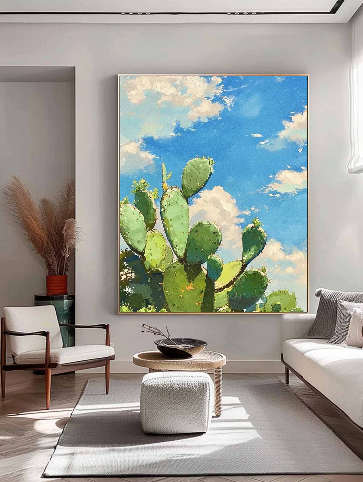 Large Cute Cactus Painting On Canvas Bright Landscape Texture Abstract Scenery Oil Painting For Living Room