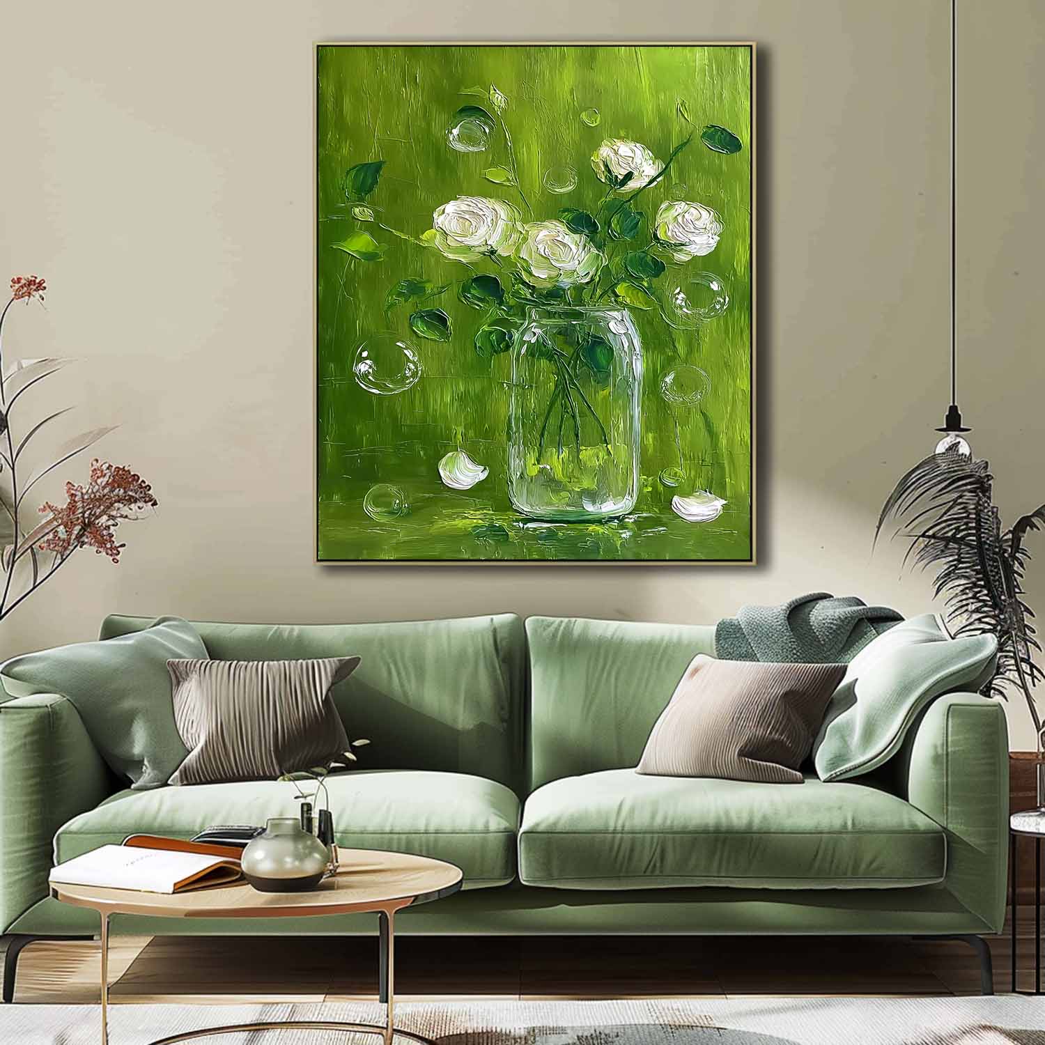 Impasto White Roses Oil Painting Canvas Modern Green Floral Wall Art 3D Textured Flower Bouquet In Glass Vase