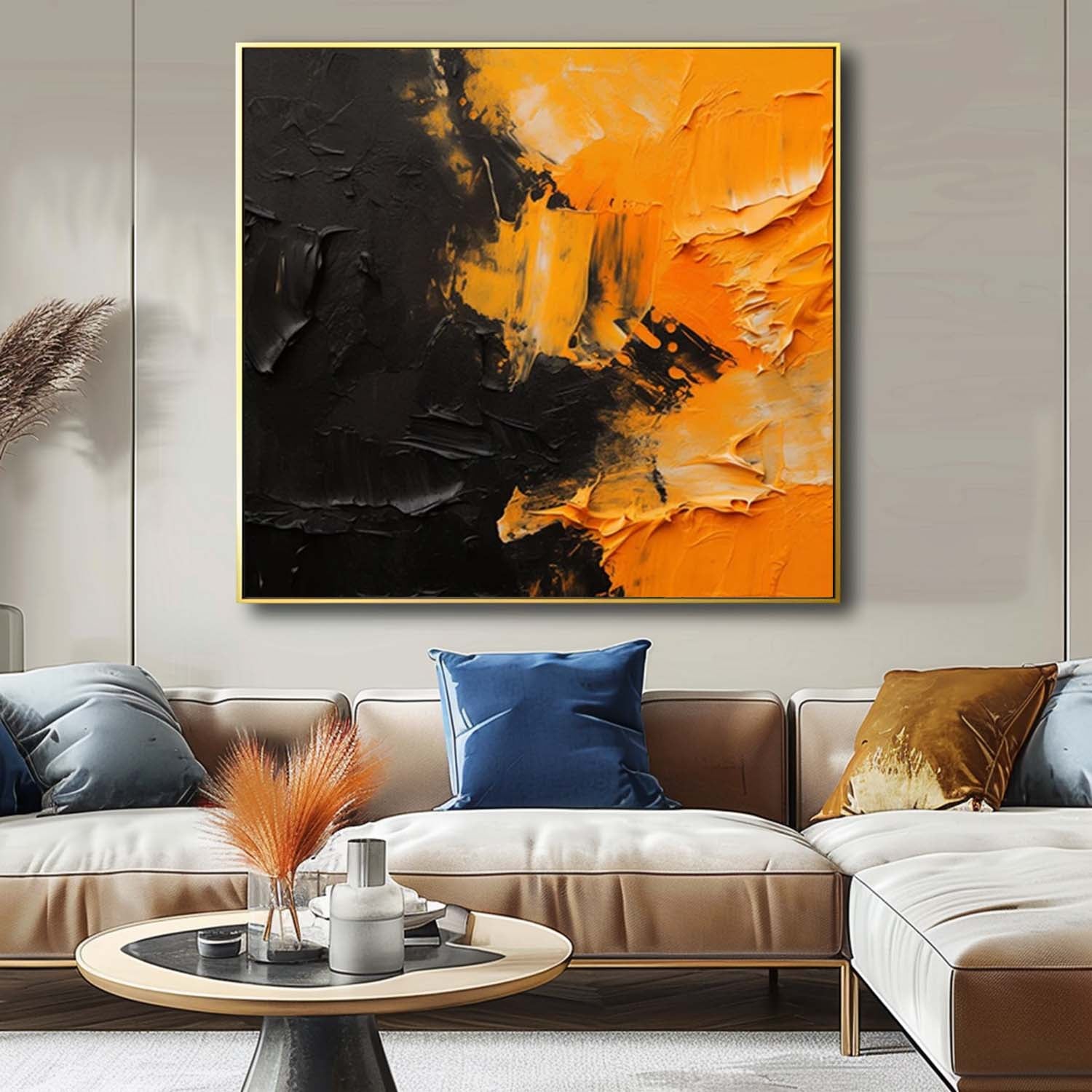 Yellow And Black Large Texture Abstract Wall Art Contemporary Abstract Oil Painting Canvas Framed Home Decor