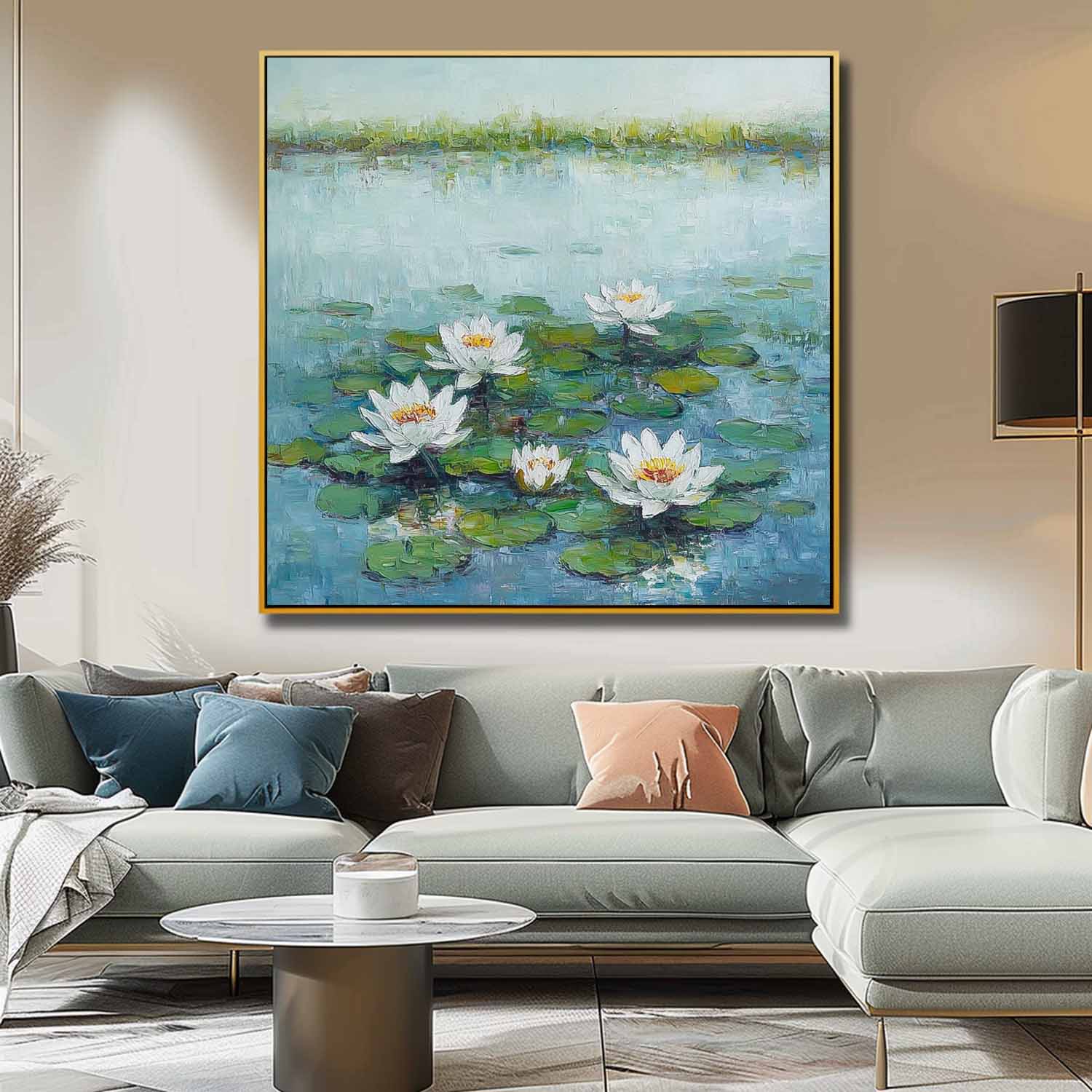 Large Textured Abstract Flower Paintings Square Contemporary White Lotus Floral Painting Original Artwork