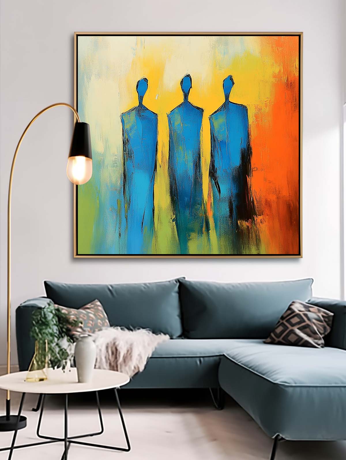 Original Blue Figure Acrylic Painting Canvas Colorful Abstract Wall Art Square Large Portrait Artwork
