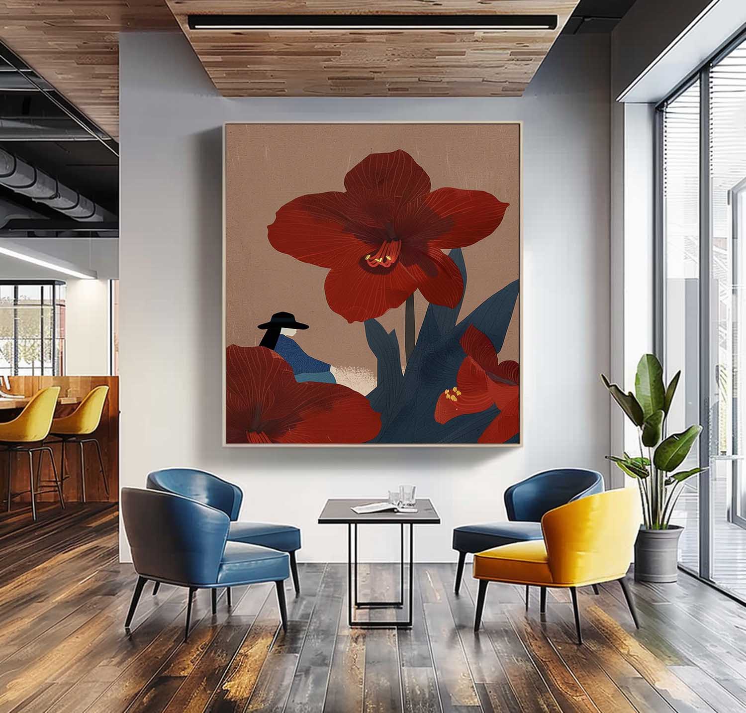 Original Girl On Flowers Wall Art Large Figure Painting Illustration style Abstract Artwork For Living Room
