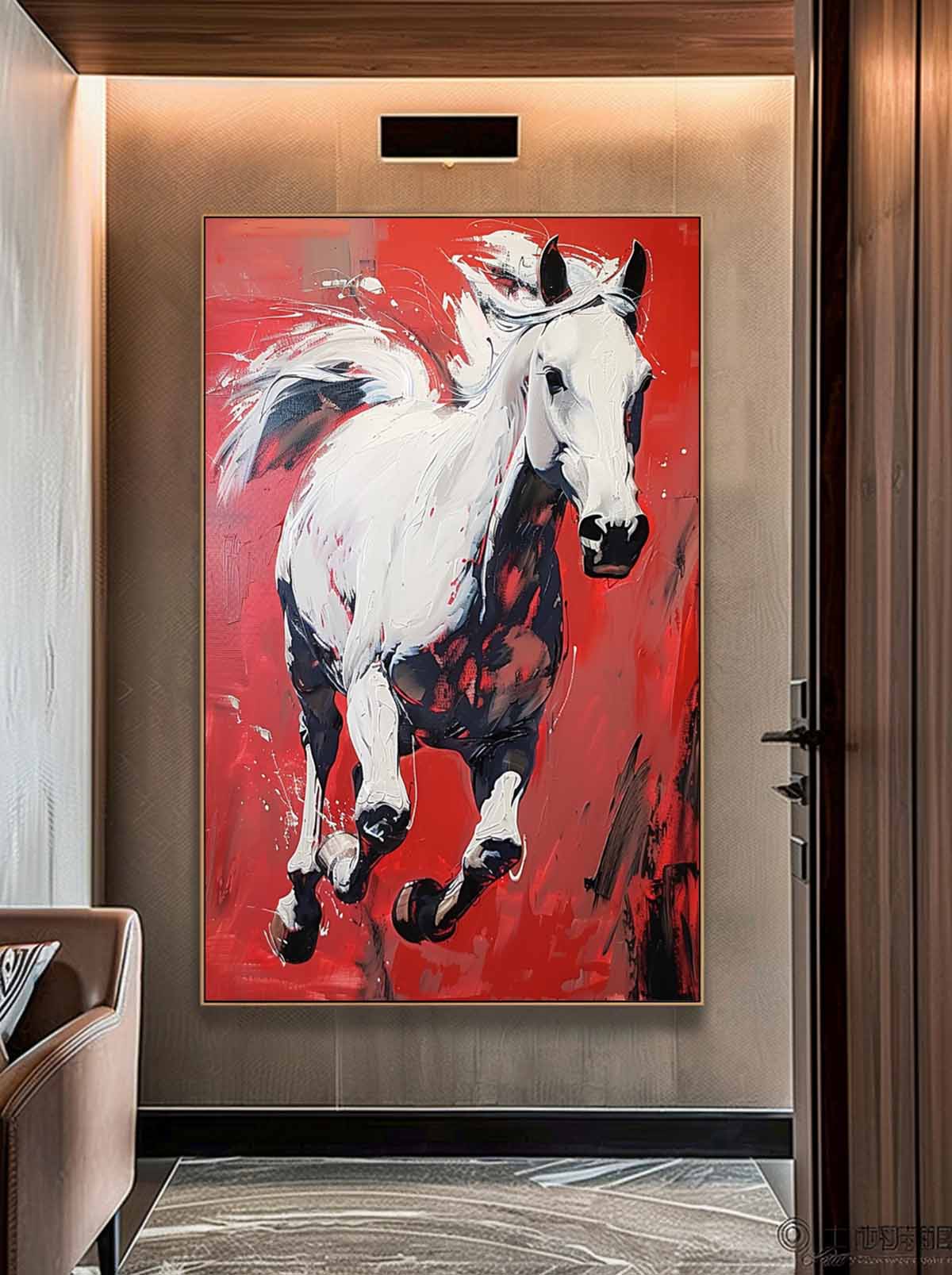 White Horse Oil Painting Modern Red background Texture Animal Oil Painting Impressionist Horse Wall Art Decor