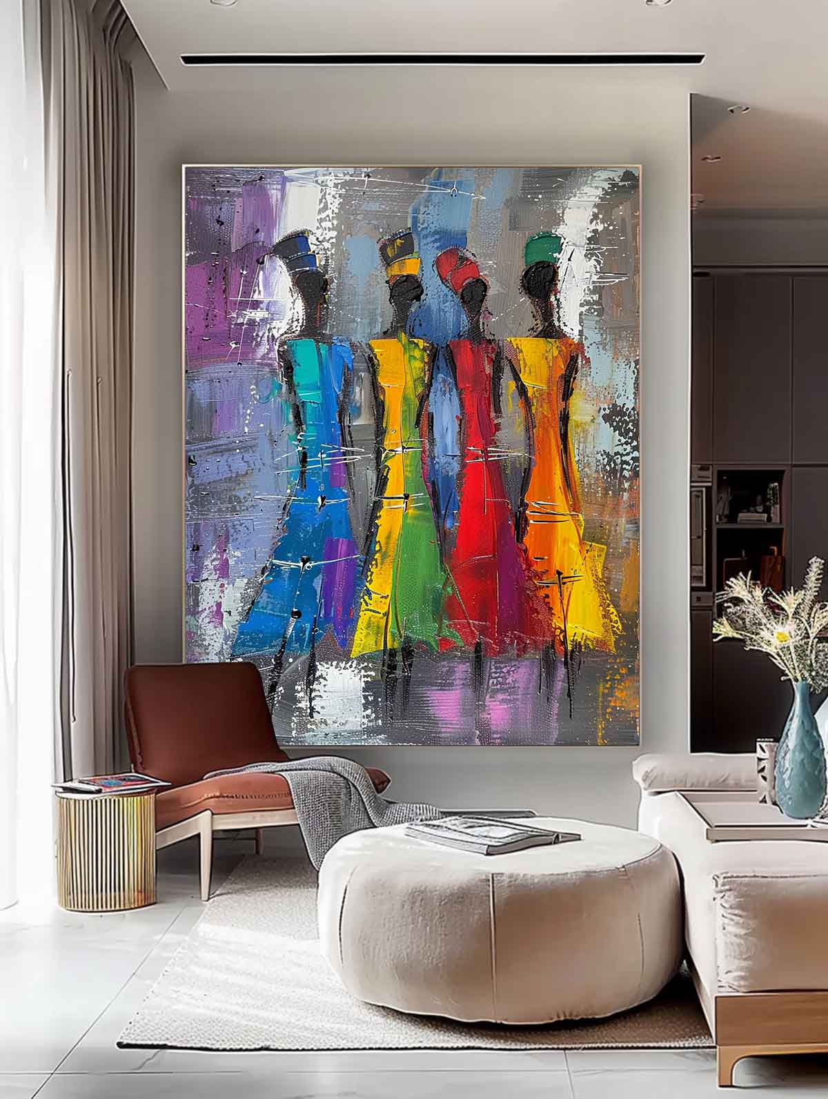 Original Modern Wall Art Colorful Four Women Silhouettes Painting Big Multicolor Girl Painting Framed
