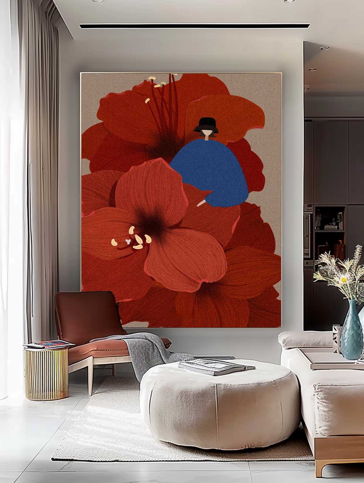 Large Figure Painting Original Girl On Flowers Wall Art Illustration style Abstract Artwork Home Decor