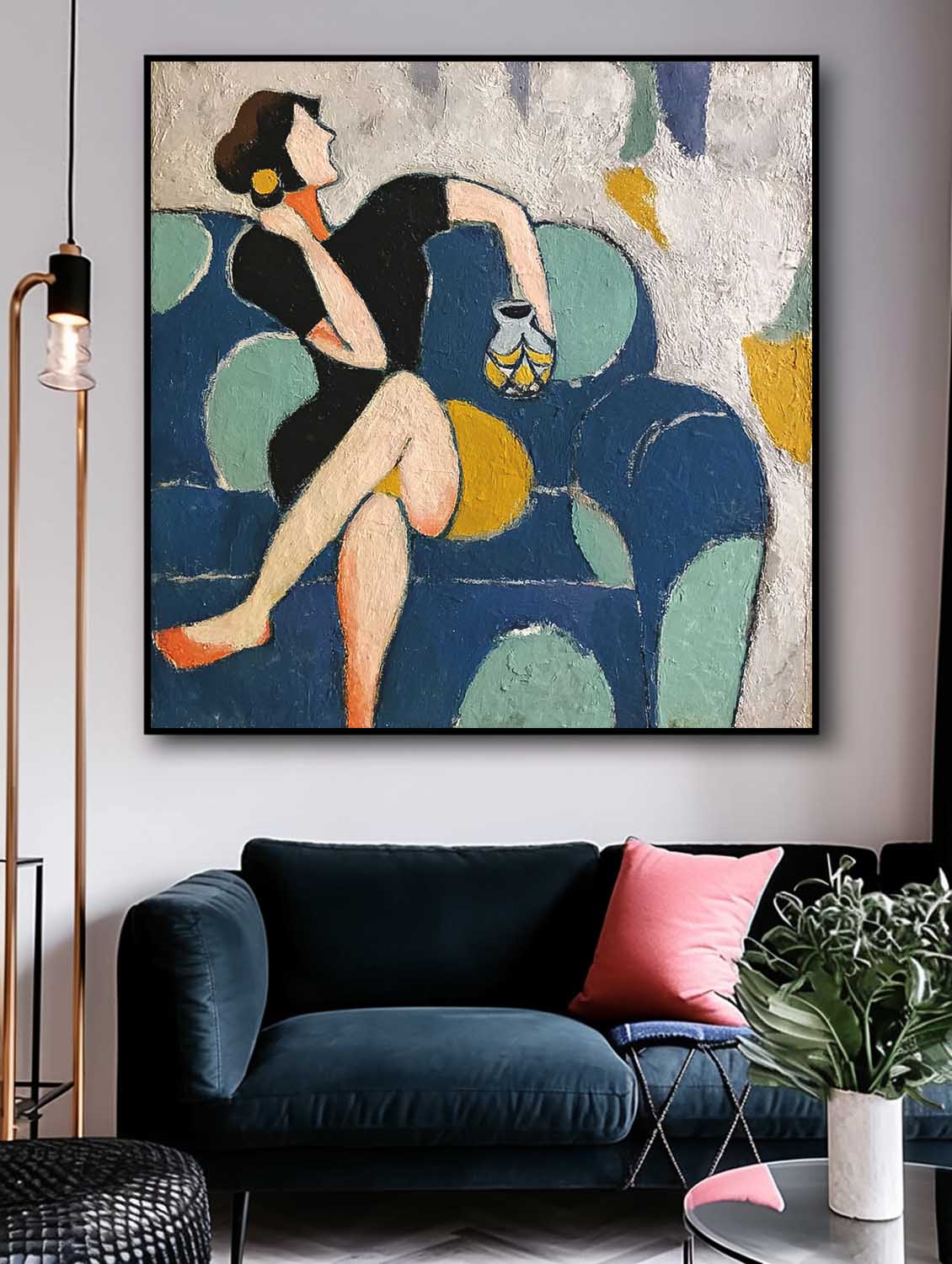 Original Portrait Wall Art Woman On The Sofa Acrylic Painting Abstract Lovely Girl Oil Painting Canvas