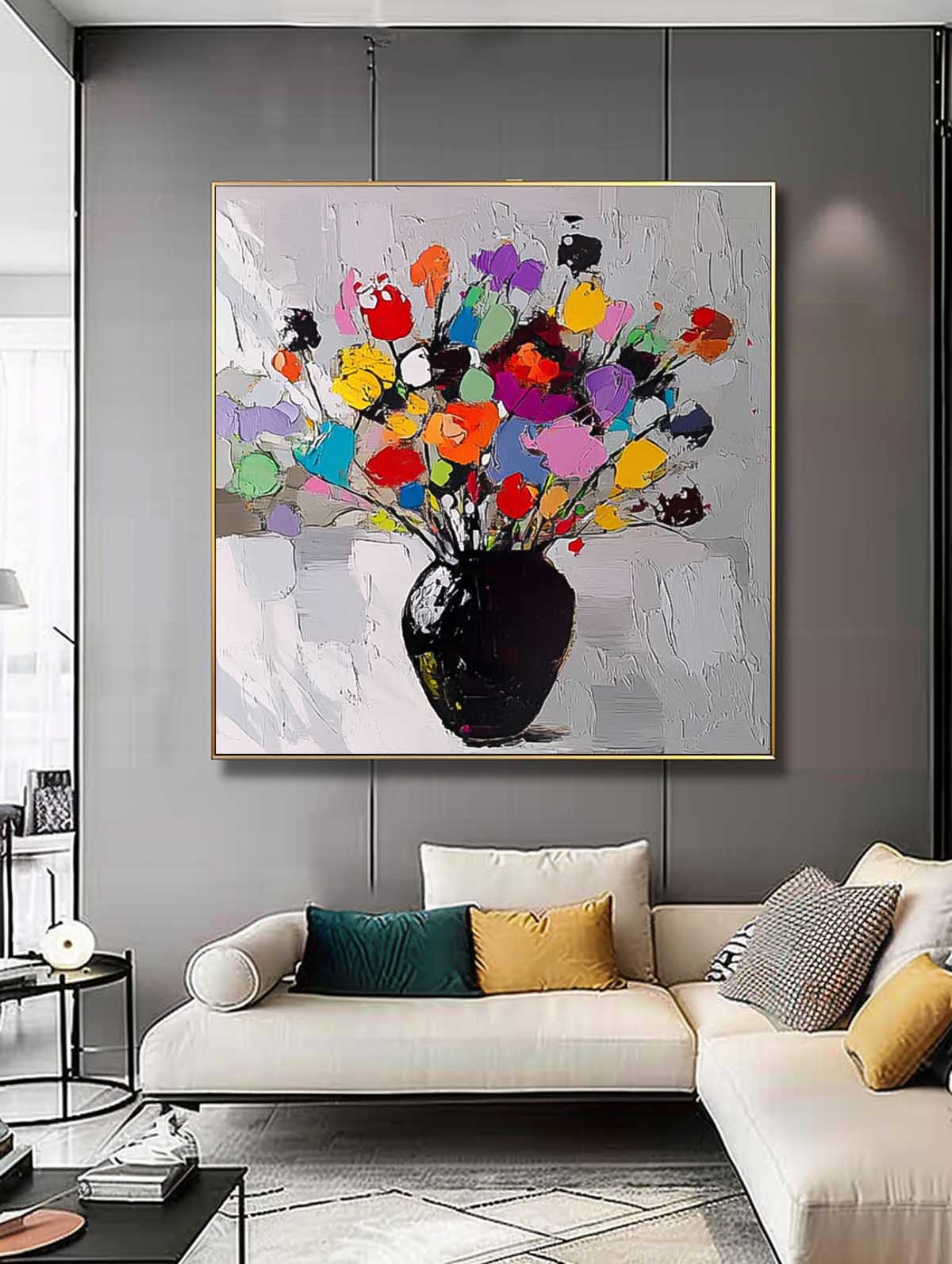 Large Color Handmade Wall Art Original Abstract Flower Vase Artwork Floral Texture Painting On Canvas