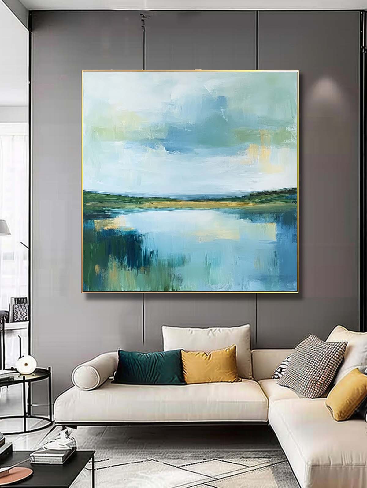 Green Countryside Landscape Artwork Large Blue Texture Wall Art Framed Abstract Lake Landscape Oil Painting