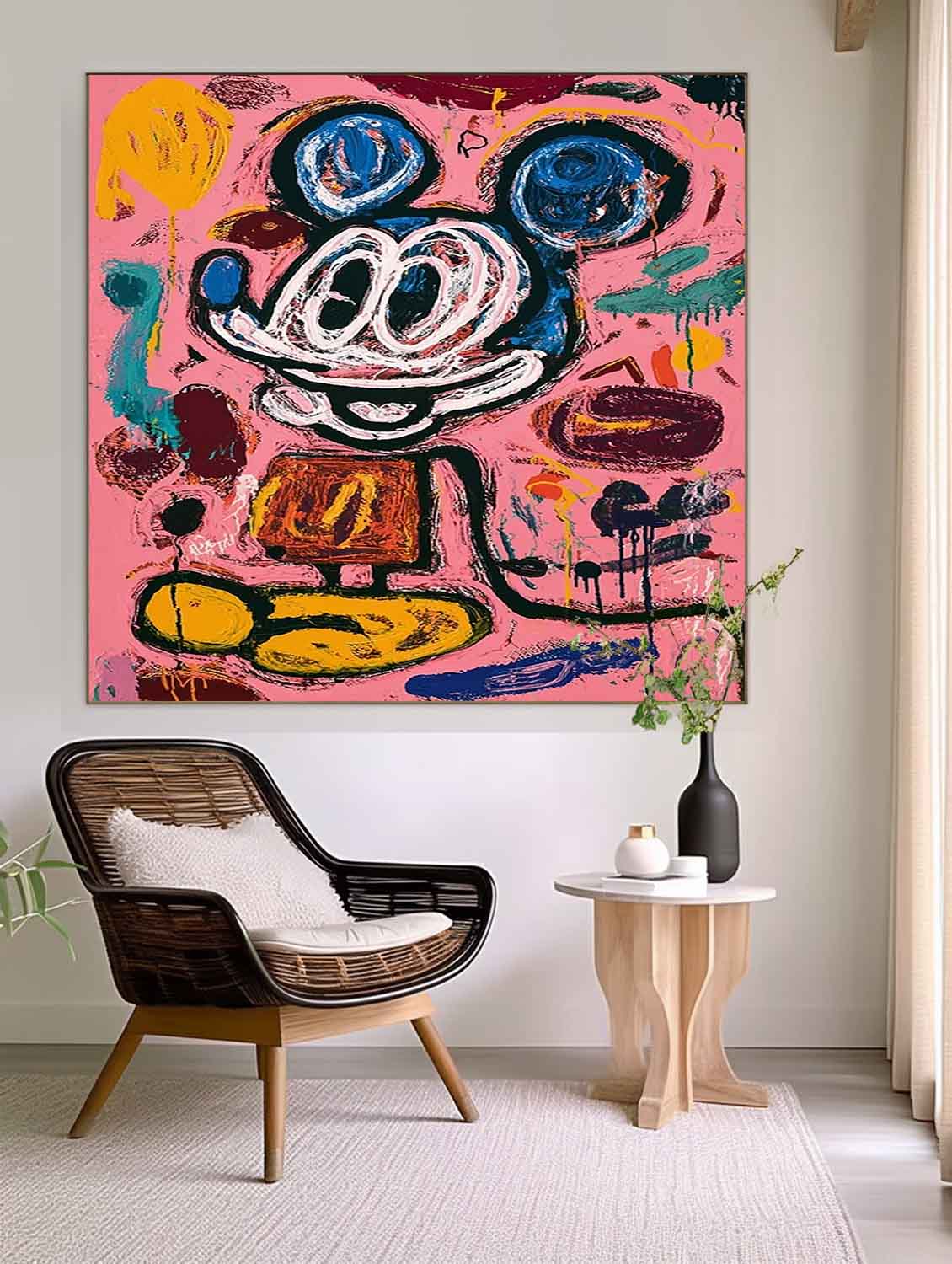 Pink Original Features Artwork Abstract Mickey Painting Canvas Large Graffiti Cartoon Figure Wall Art