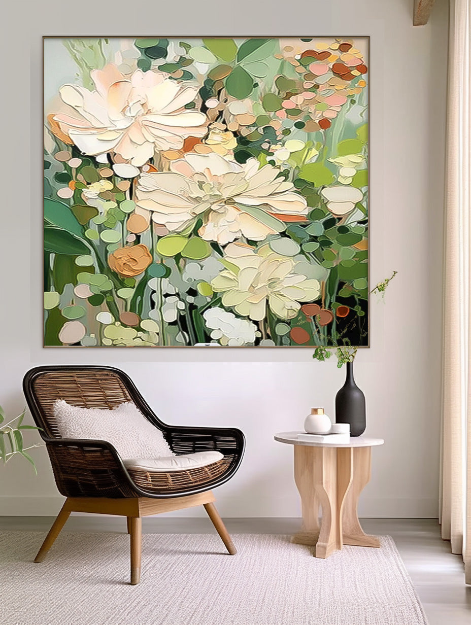 Square Contemporary Floral Painting Extra Large Textured Abstract Flower Paintings Framed Artwork