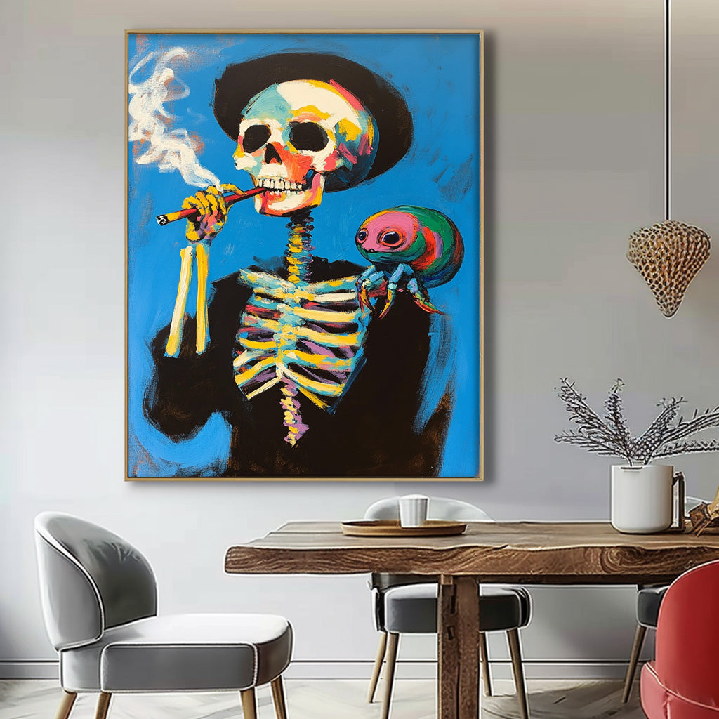 Large Acrylic Painting Framed Lovely Skeleton Painting Colorful Original Abstract Wall Art Unique Home Decor