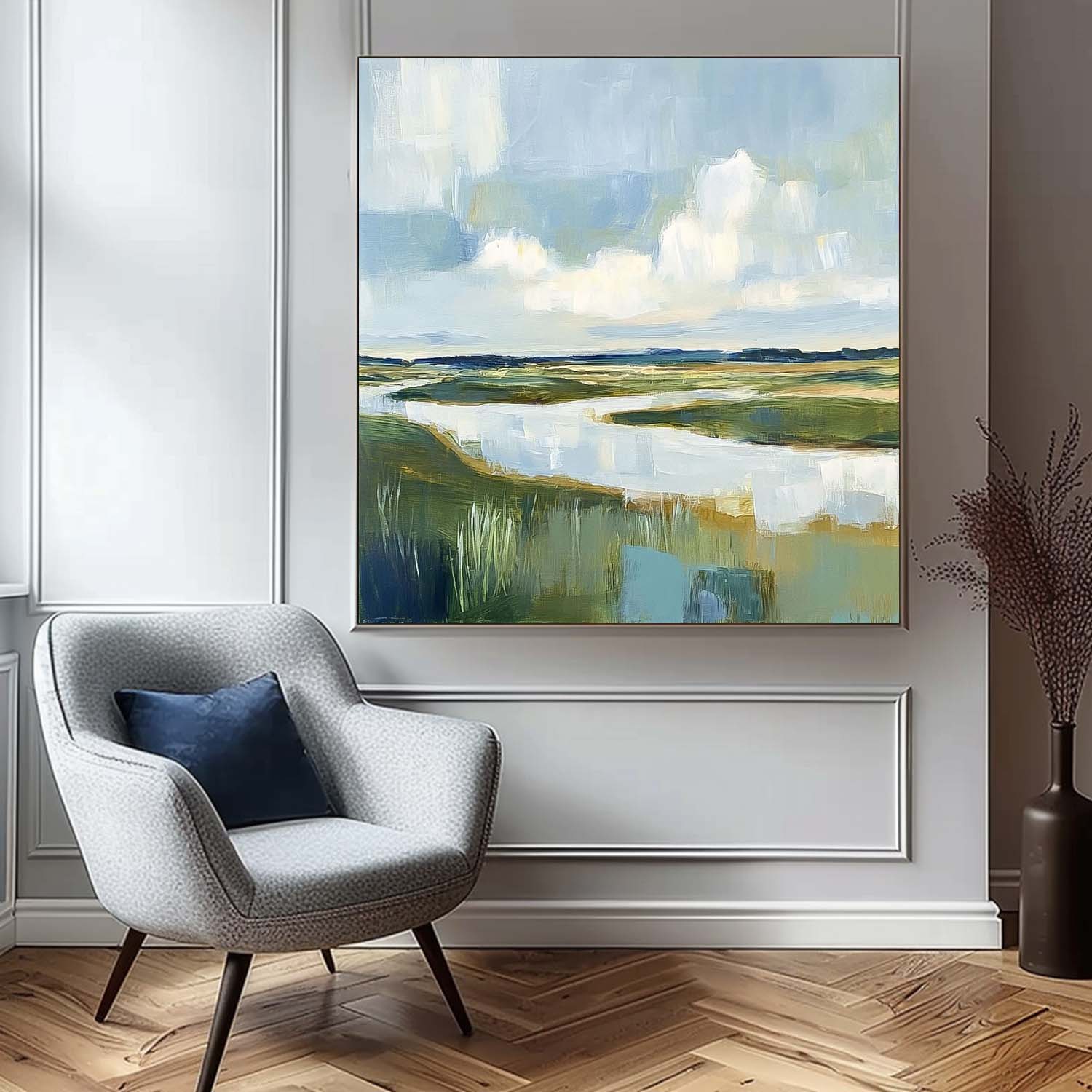 Abstract Lake Landscape Oil Painting Large Blue Texture Wall Art Framed Green Countryside Landscape Artwork