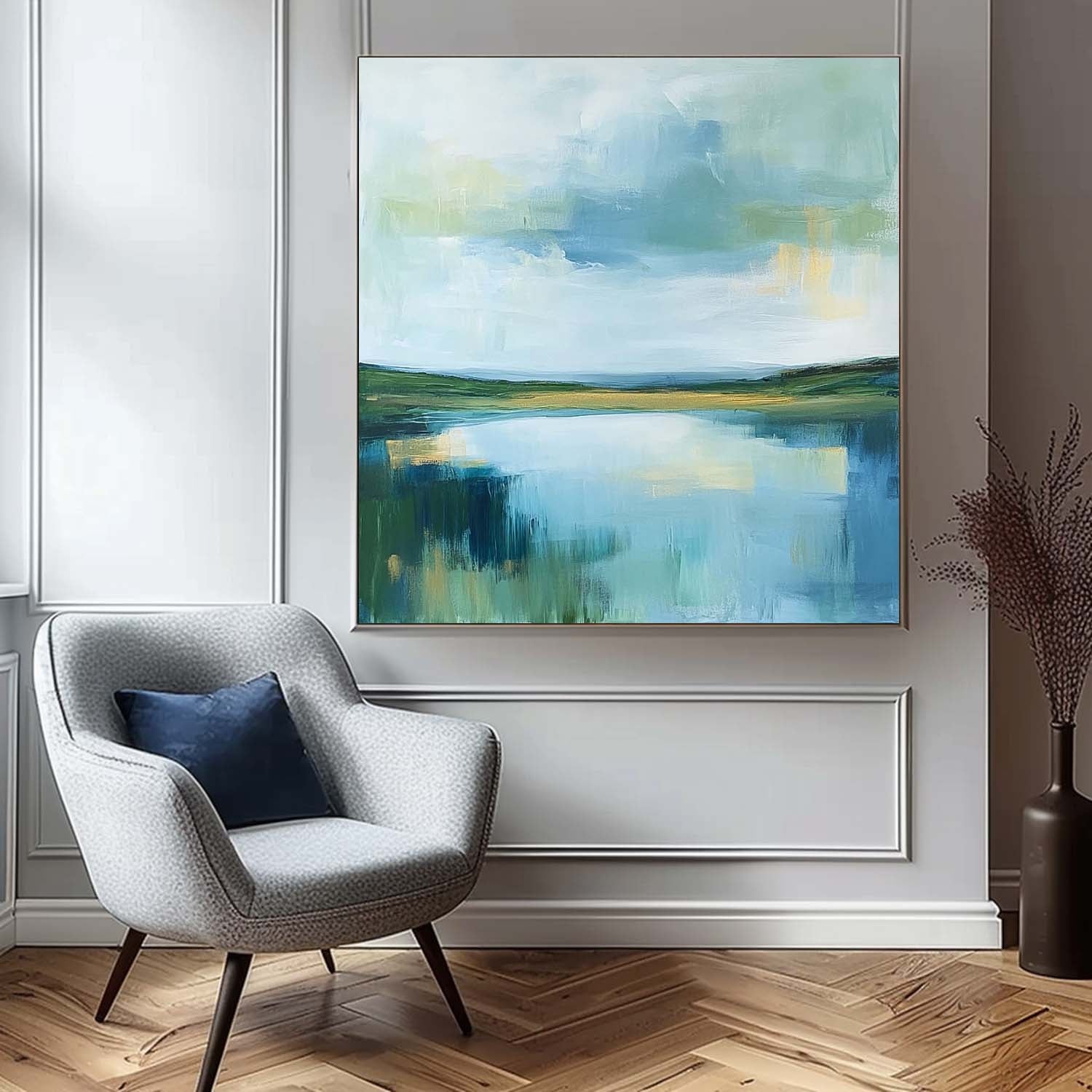Green Countryside Landscape Artwork Large Blue Texture Wall Art Framed Abstract Lake Landscape Oil Painting
