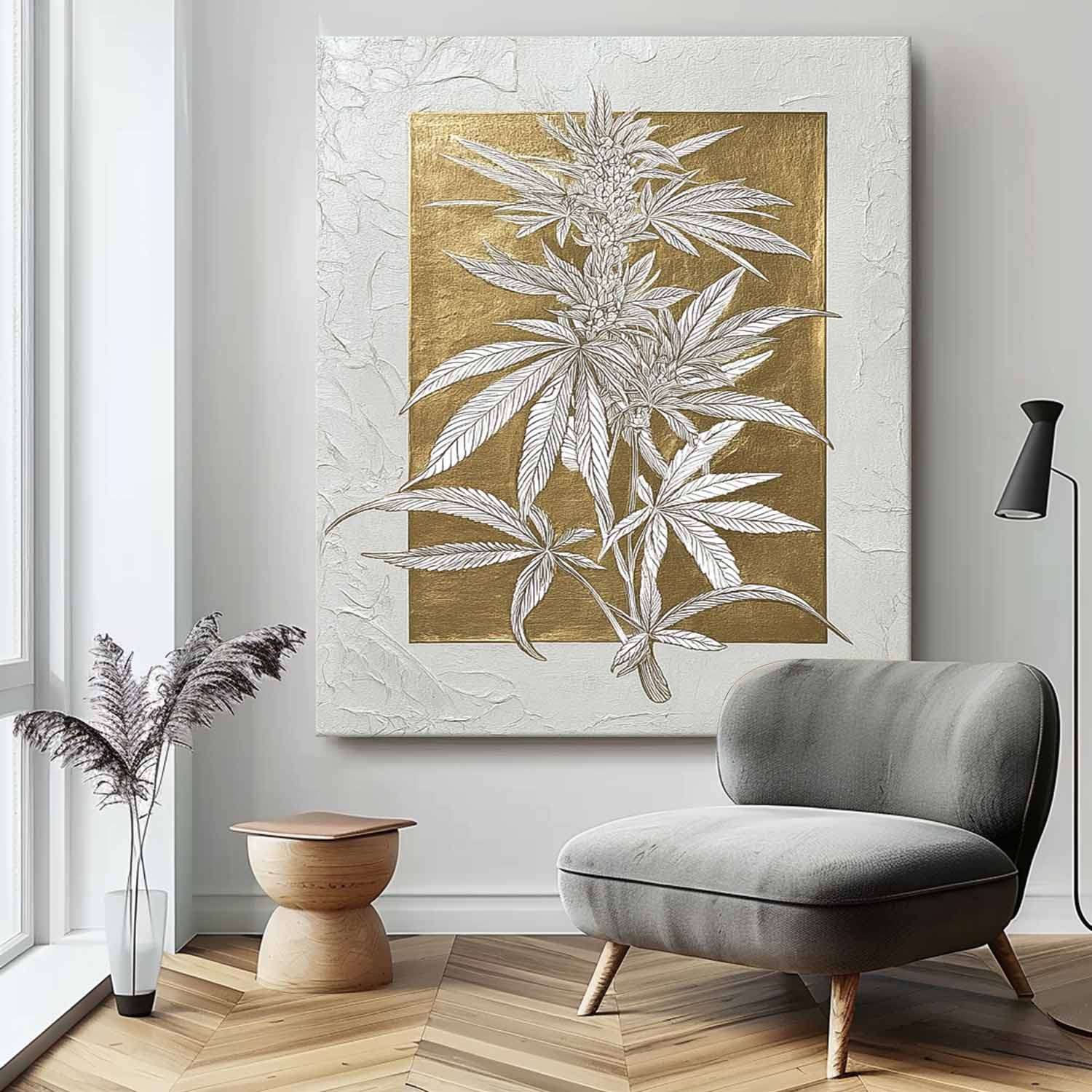 Gold Texture Plant Wall Art Large Flower Abstract Oil Painting Canvas Original Leaf Artwork Home Decor