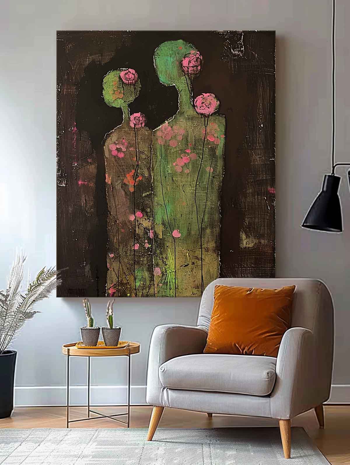 Original Colorful Silhouettes Wall Art Dark Brown Large Flower Figure Painting Abstract Artwork Home Decor