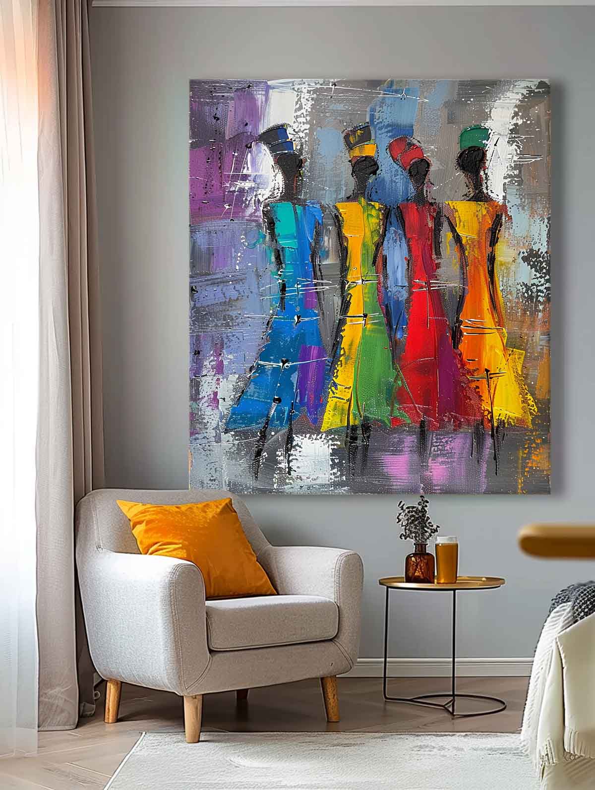 Original Modern Wall Art Colorful Four Women Silhouettes Painting Big Multicolor Girl Painting Framed