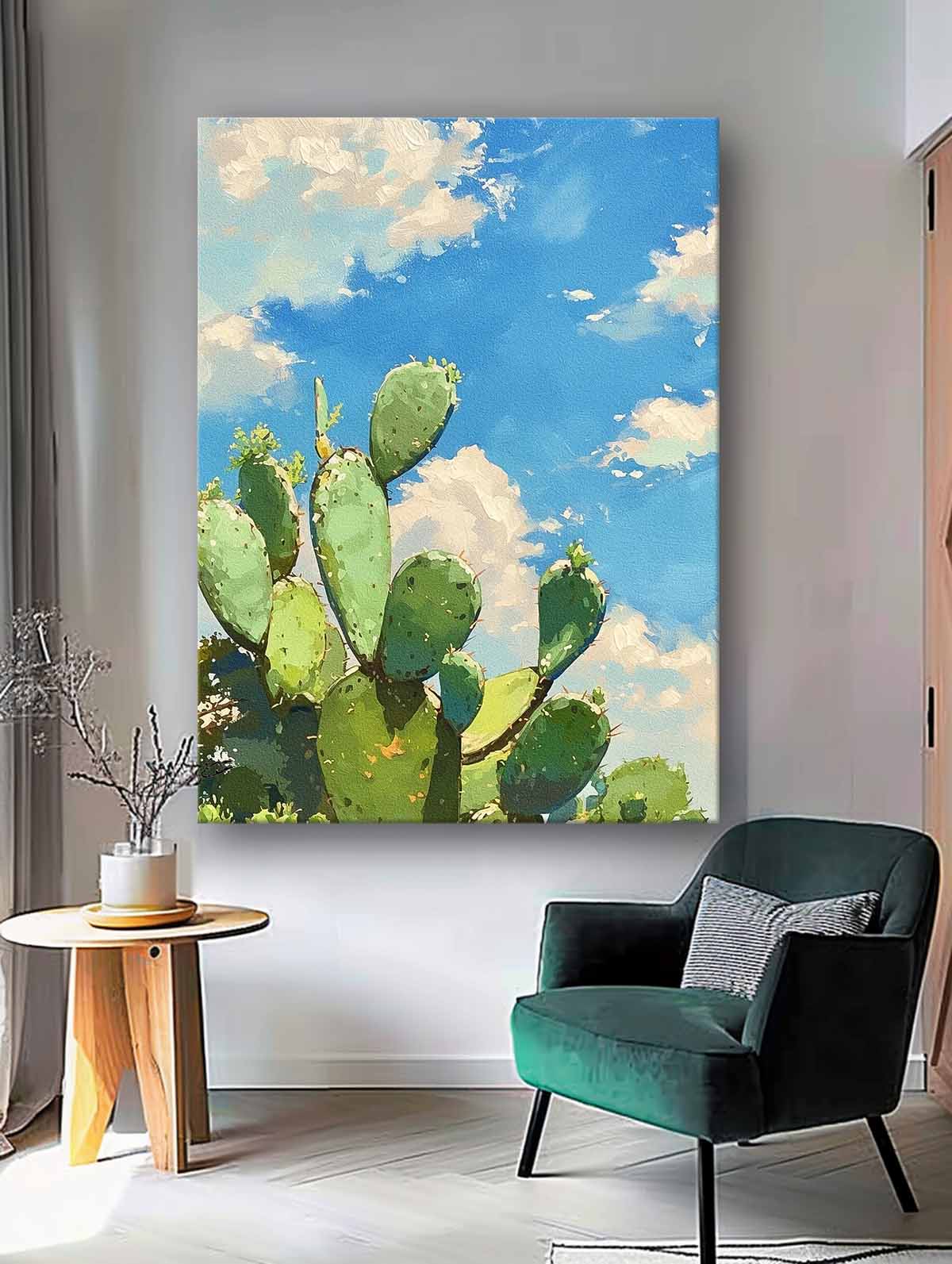 Large Cute Cactus Painting On Canvas Bright Landscape Texture Abstract Scenery Oil Painting For Living Room