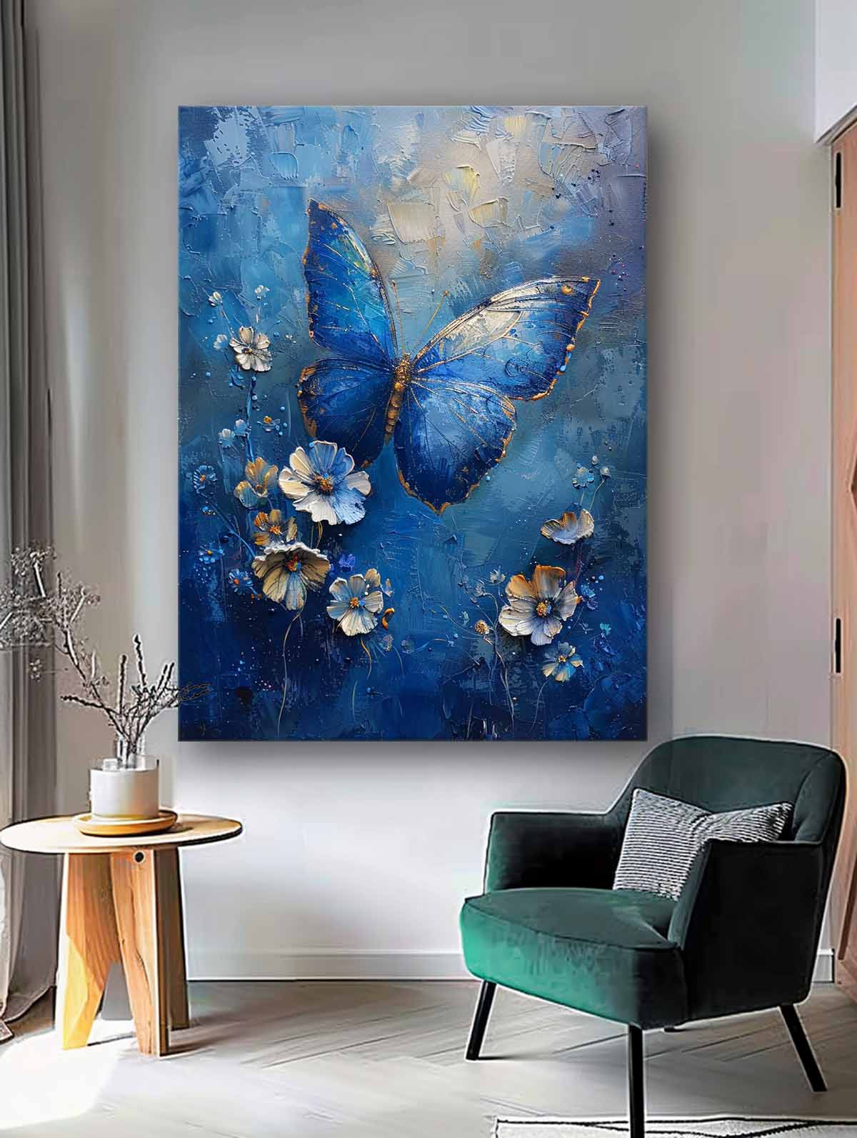 Blue Oil Painting Modern Texture Oil Painting Impressionist Butterfly Wall Art Original Artwork Decor