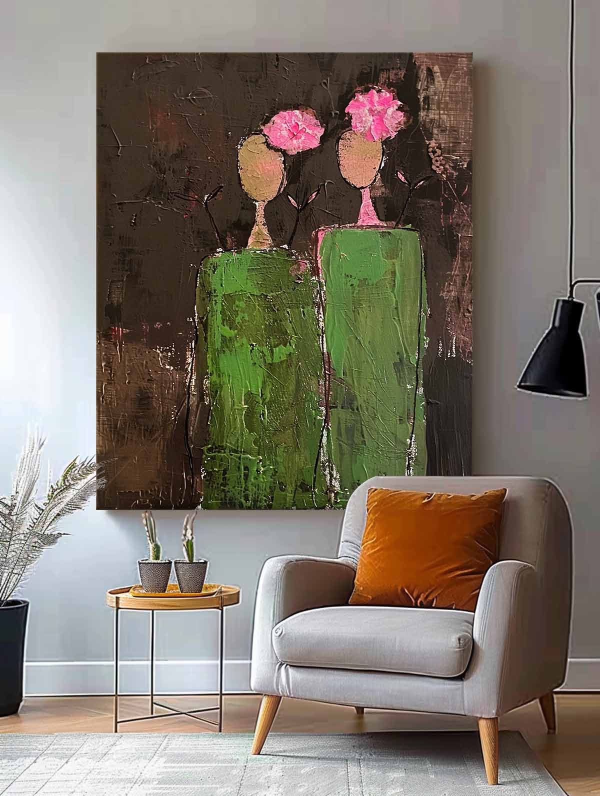 Dark Brown Large Flower Figure Painting Original Green Silhouettes Wall Art Abstract Artwork Home Decor