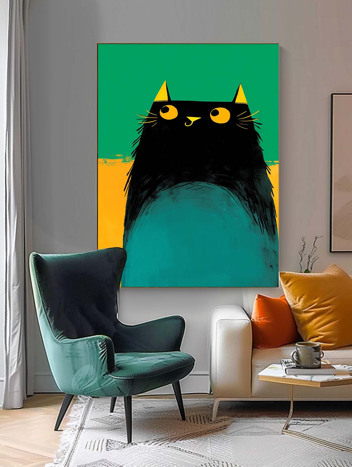 Modern Black Cat Animal Oil Painting Vibrant Yellow And Green Oil Painting Impressionist Kitty Wall Art
