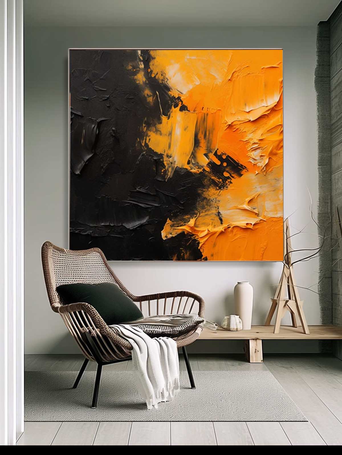 Yellow And Black Large Texture Abstract Wall Art Contemporary Abstract Oil Painting Canvas Framed Home Decor