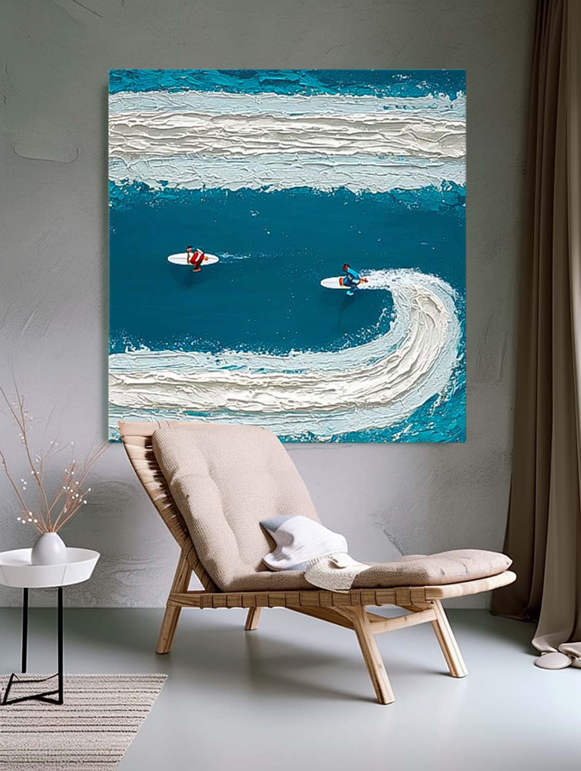 Square Abstract Surfer Landscape Blue Ocean Wall Art Minimalist Surfing Art Contemporary Ocean Painting