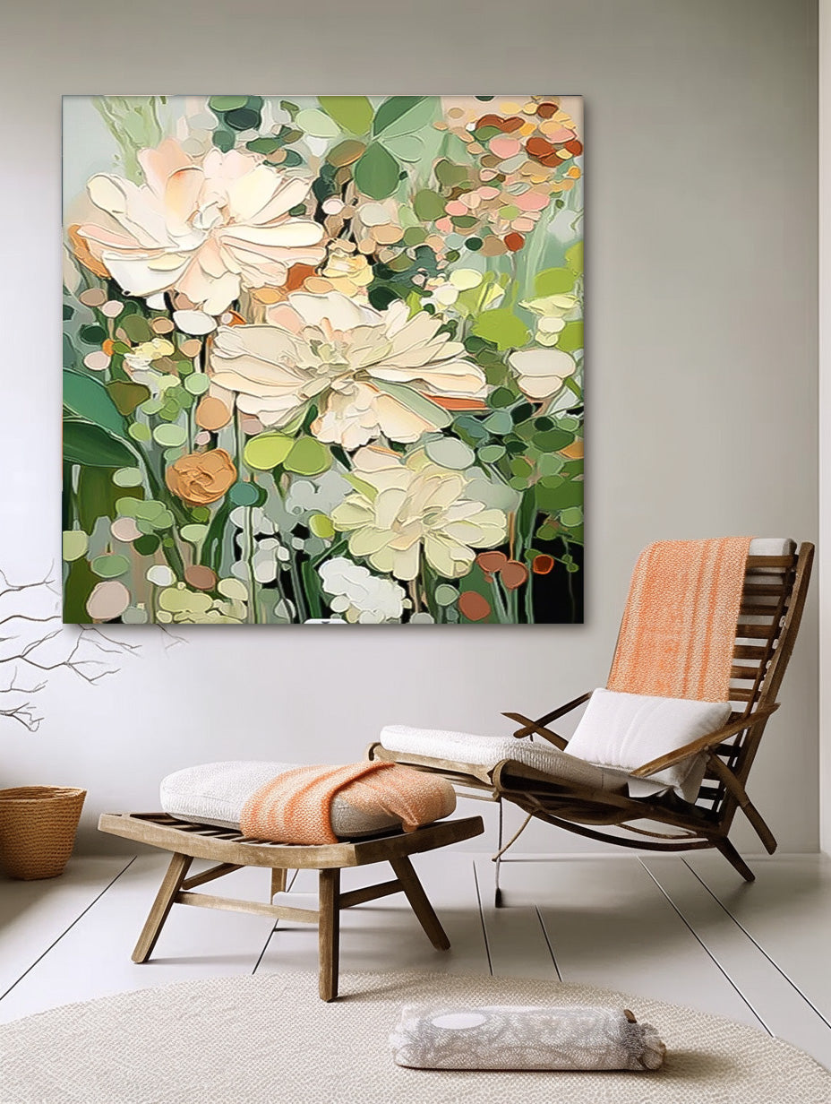 Square Contemporary Floral Painting Extra Large Textured Abstract Flower Paintings Framed Artwork